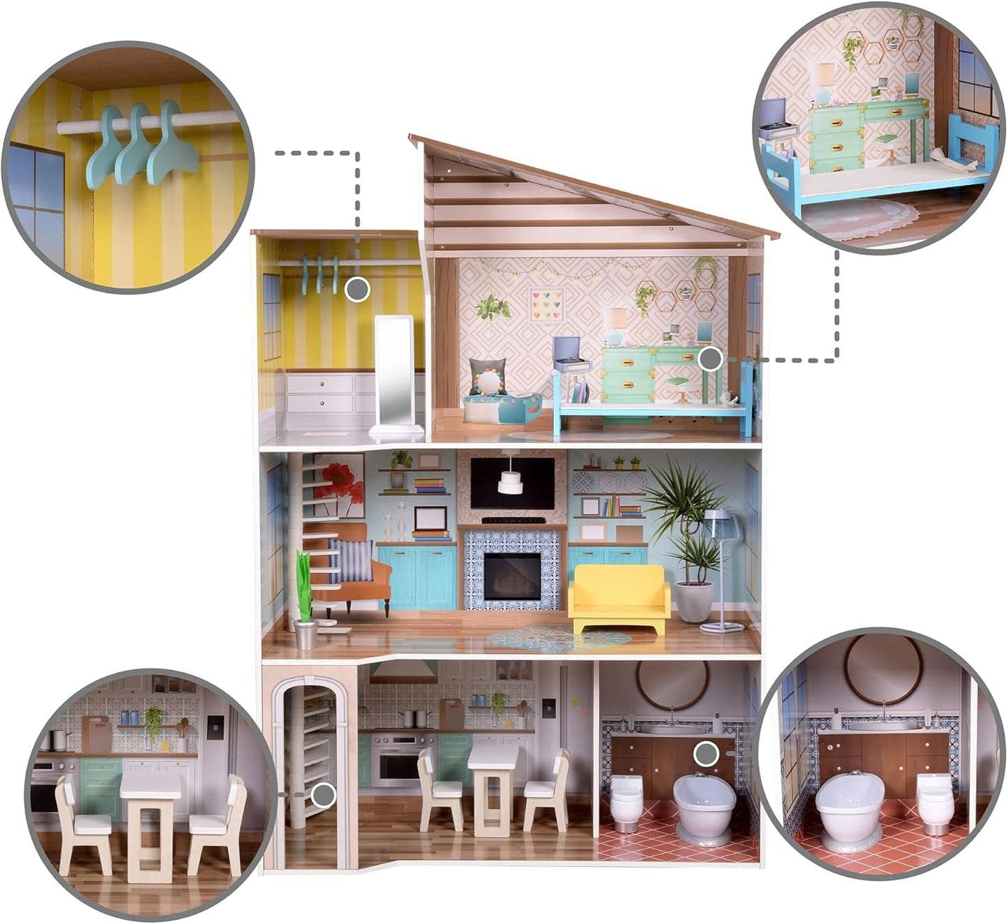 Olivia's Little World Současný středomořský styl 3patrový interaktivní dřevěný domeček pro panenky pro děti se 17 doplňky k nábytku pro panenky Vícebarevná TD-13551B
