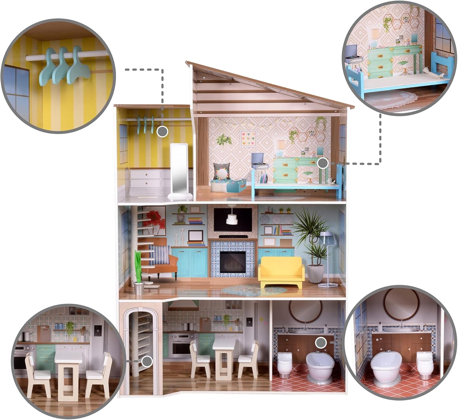 Olivia's Little World Současný středomořský styl 3patrový interaktivní dřevěný domeček pro panenky pro děti se 17 doplňky k nábytku pro panenky Vícebarevná TD-13551B
