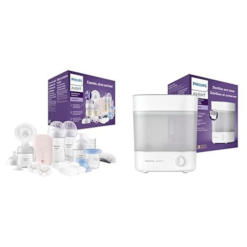 Philips Avent elektrická odsávačka mléka, dárková sada Příslušenství Jídlo a kojení Baby Naty Shop Balíček se sterilizátorem Avent Odsávačka mateřského mléka