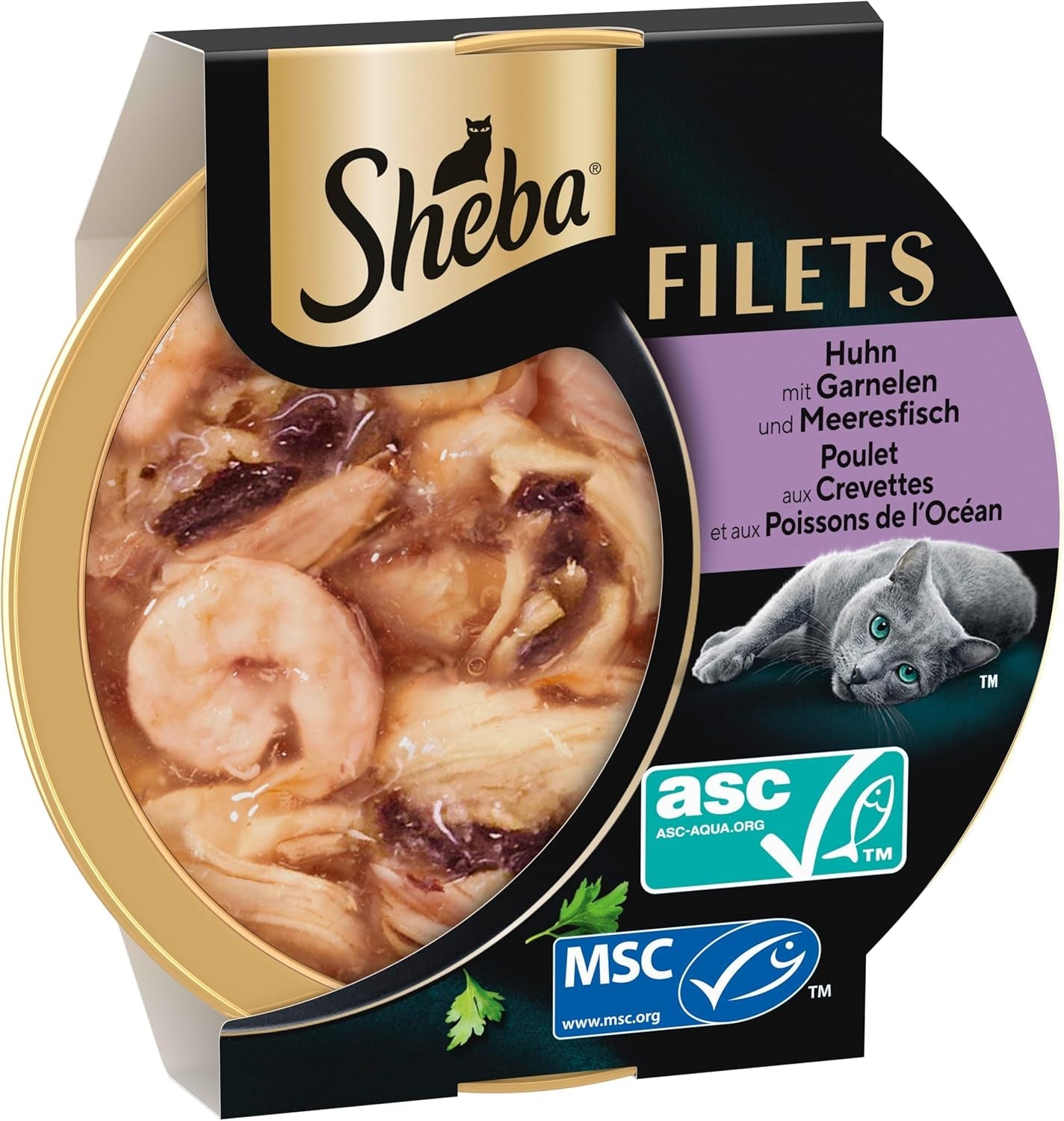 SHEBA Filé pro dospělé Katzenfutter v omáčce s kuřecím masem, Hochseefisch und Garnelen 16 x 60 g skořápka