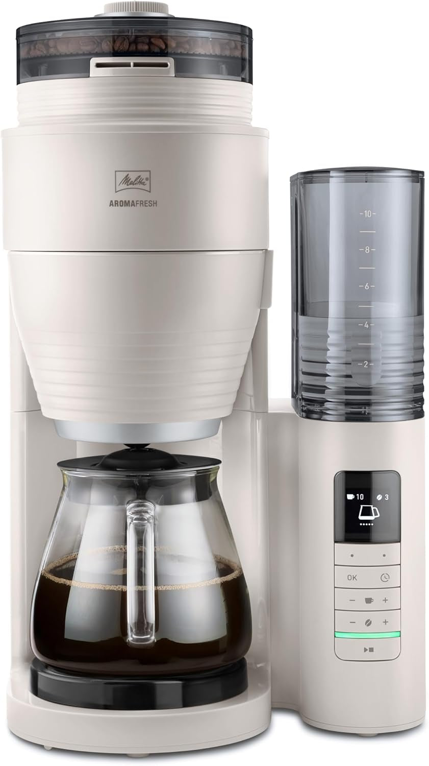 Melitta AromaFresh Therm Pro X - Espresso kávovar s filtrem, integrovaným mlýnkem, vyjímatelnou nádržkou na vodu, nerezovou termokarafou a funkcí časovače, až na 8 šálků kávy, černá/stříbrná