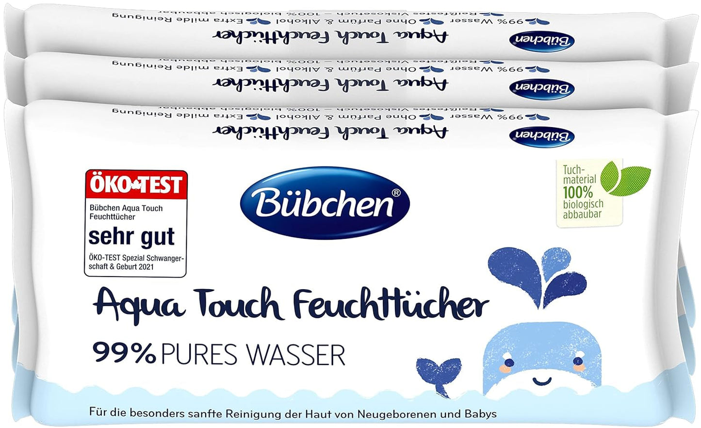 Bübchen Aqua Touch Baby vlhčené ubrousky 144 kusů (3 x 48) - Ubrousky pro péči o citlivou pokožku s 99% čistou vodou, vlhčené ubrousky pro novorozence a děti