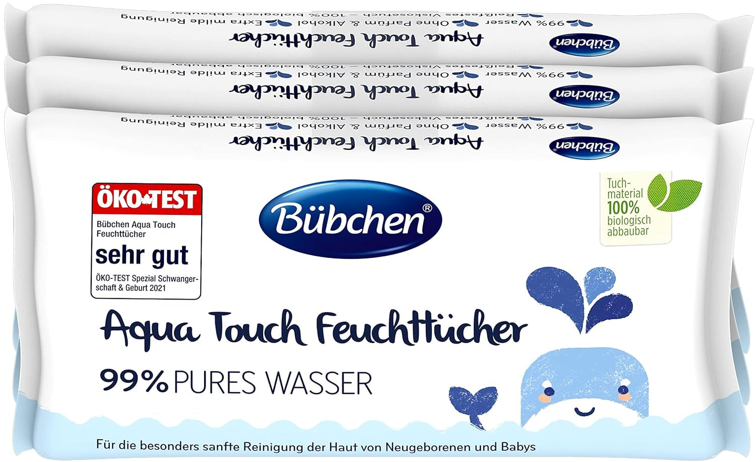 Bübchen Aqua Touch Baby vlhčené ubrousky 144 kusů (3 x 48) - Ubrousky pro péči o citlivou pokožku s 99% čistou vodou, vlhčené ubrousky pro novorozence a děti