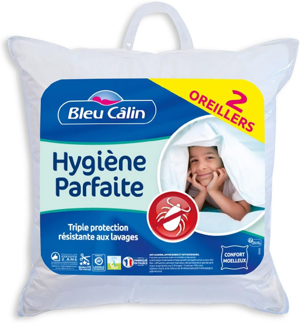 Bleu Câlin Sada 2 ks obdélníkových protiroztočových, antibakteriálních polštářů, nadýchaný komfort, T 60X60 Cm, 100% bavlna, perfektní hygienický sortiment Standardní polštáře Naty Shop