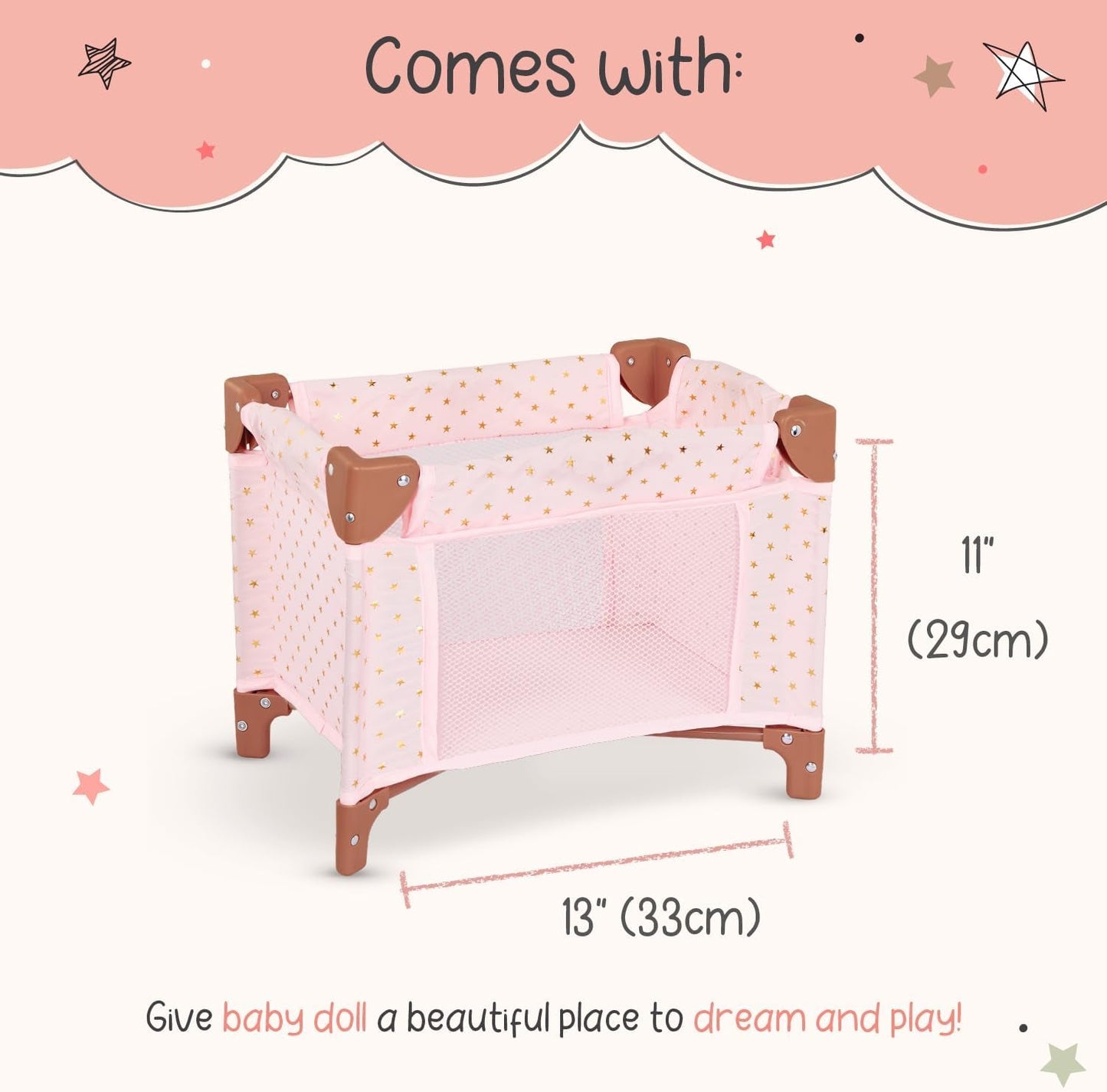 LullaBaby - Baby Puppen Laufstall - Faltbarer Puppen Laufstall in Rosa - Goldener Stern - Druckdesign - 36 cm Baby Puppen Kinderzimmer Zubehör - Vorgetäuschtes Spiel - Spielzeug für Kinder ab 2 Jahren