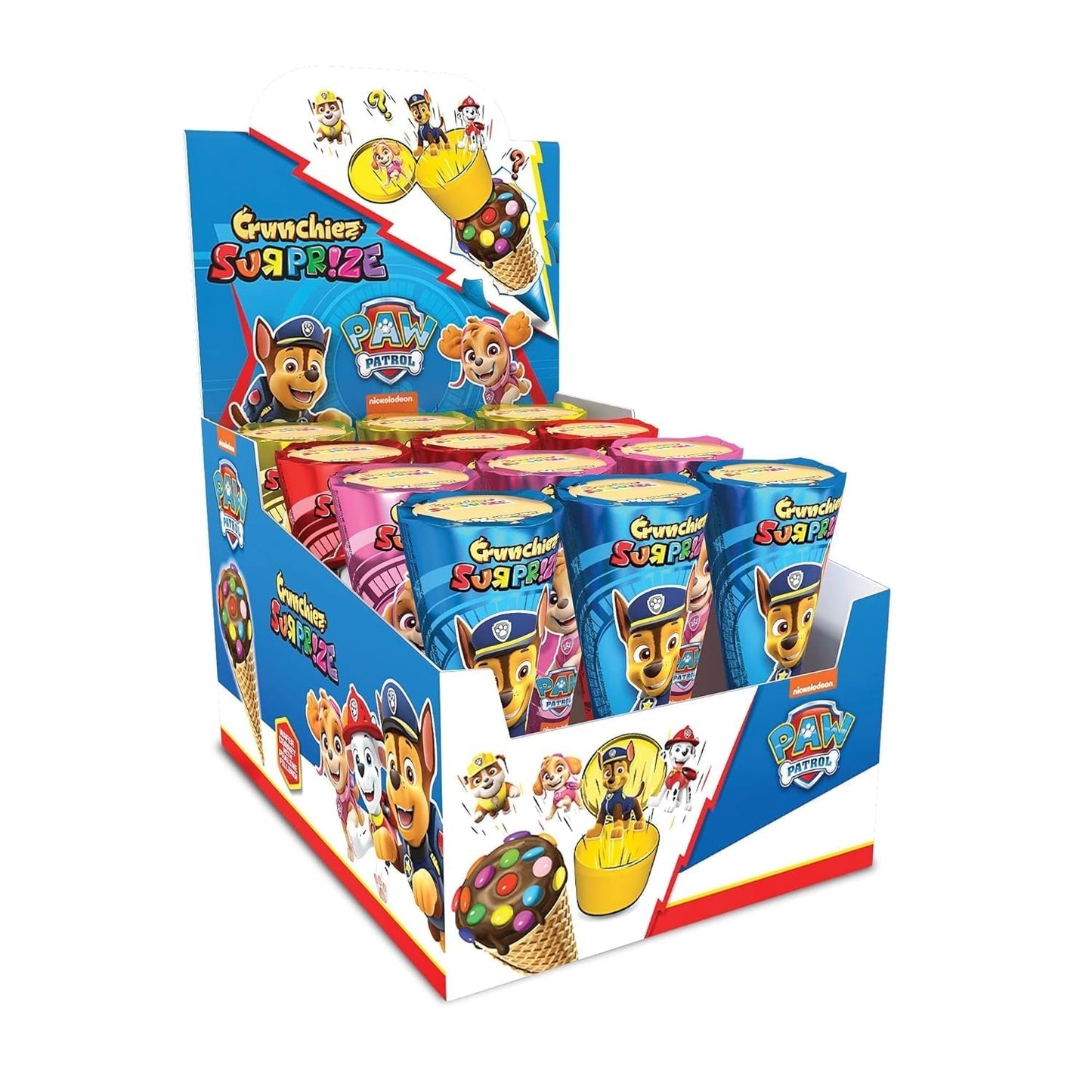 Crunchiez Surprise Tlapková patrola, kornout zmrzliny plněný lískovými oříšky s vysoce kvalitním překvapením, 12 x 25 g tác