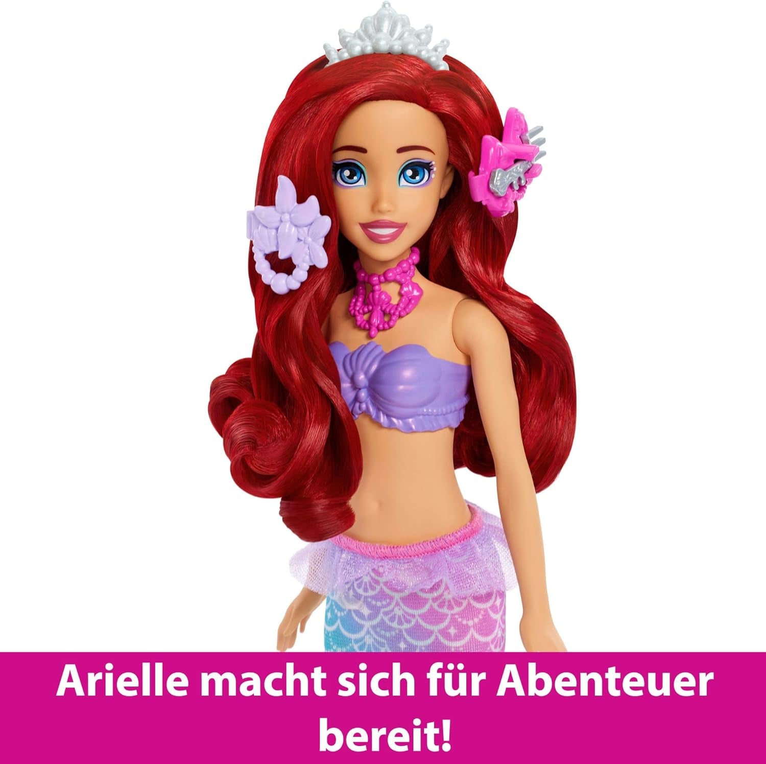 Mattel Disney Princess Toys, panenka Mermaid Ariel Fashion s odnímatelnou ocasní ploutví, toaletní stolek s 5 opakovatelnými vyskakovacími překvapeními a 5 doplňky, JBF86