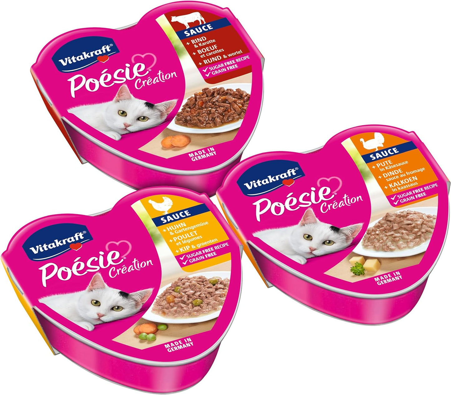 Vitakraft Poésie Création, Tender Selection, Mokré krmivo pro kočky, Mokré krmivo pro kočky v omáčce, s kuřecím masem, s krůtím masem, s hovězím masem, bez přidaného cukru a cereálií (1 balení 6 x 85 g)