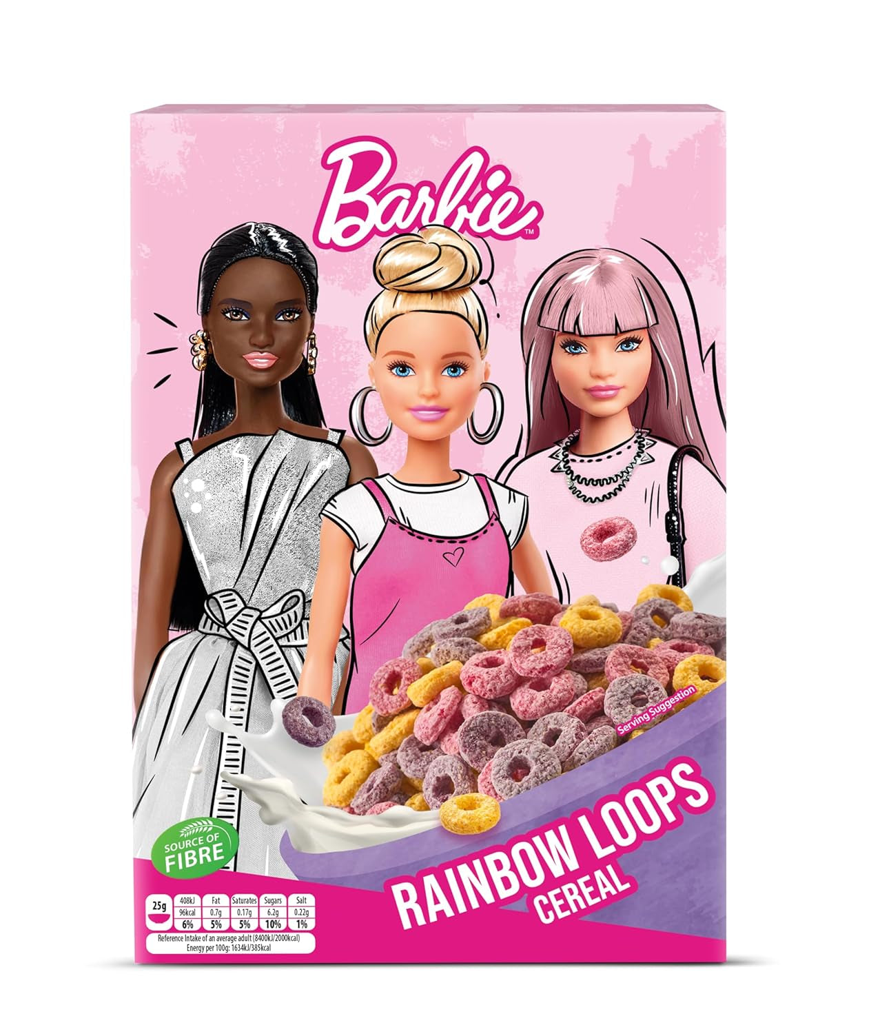 Barbie Rainbow Loops cereálie, barevné kroužky pšenice, ovsa a kukuřice s ovocnou příchutí pro perfektní snídani, 1 balení (1 x 350 g)