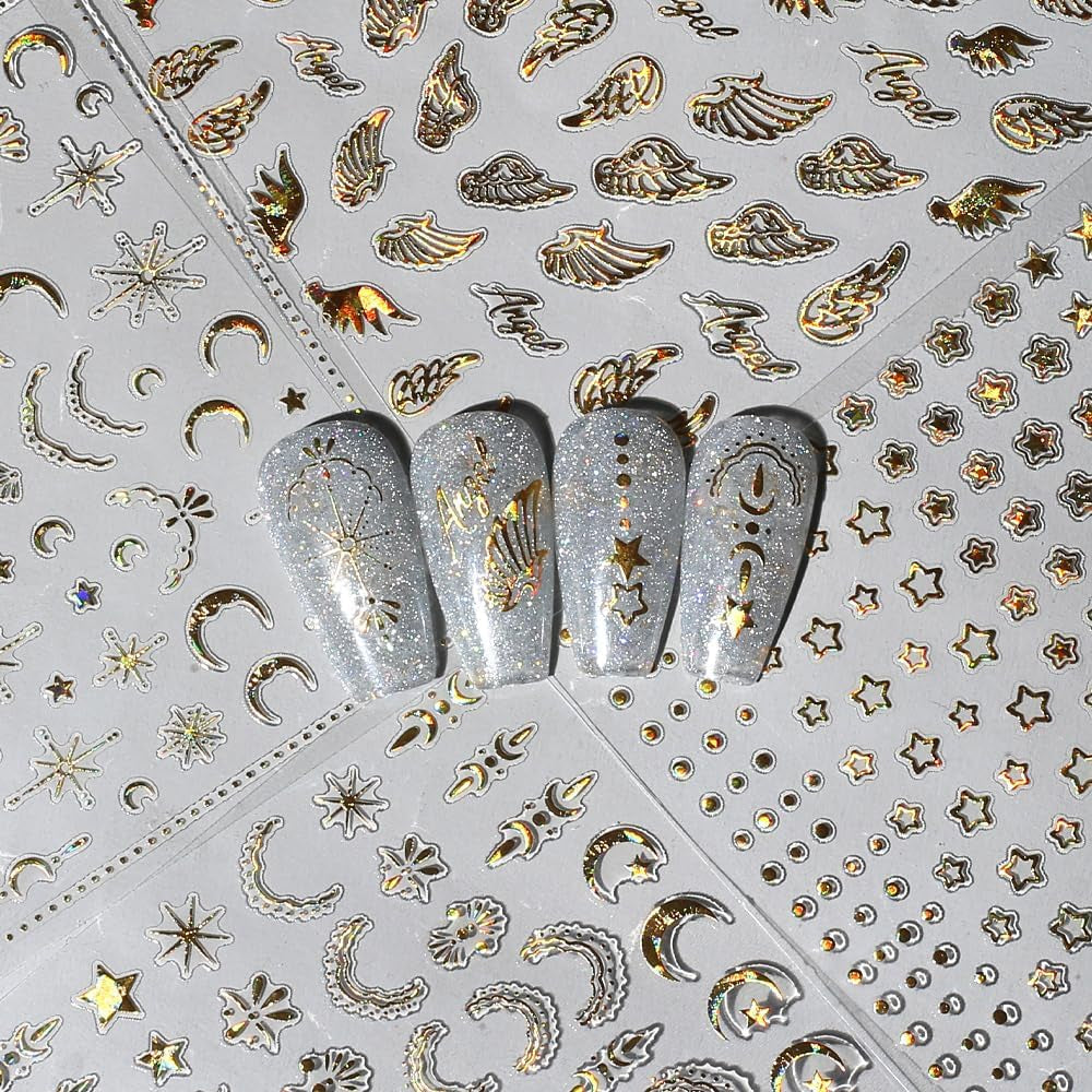 8 listů zlata Moon and Stars Nálepky na nehty Angel Wings Tan Gold Nálepky na nehty Hvězdy Fólie na nehty Samolepicí nálepky na nehty Příslušenství k nehtovému designu Nálepky na nehty