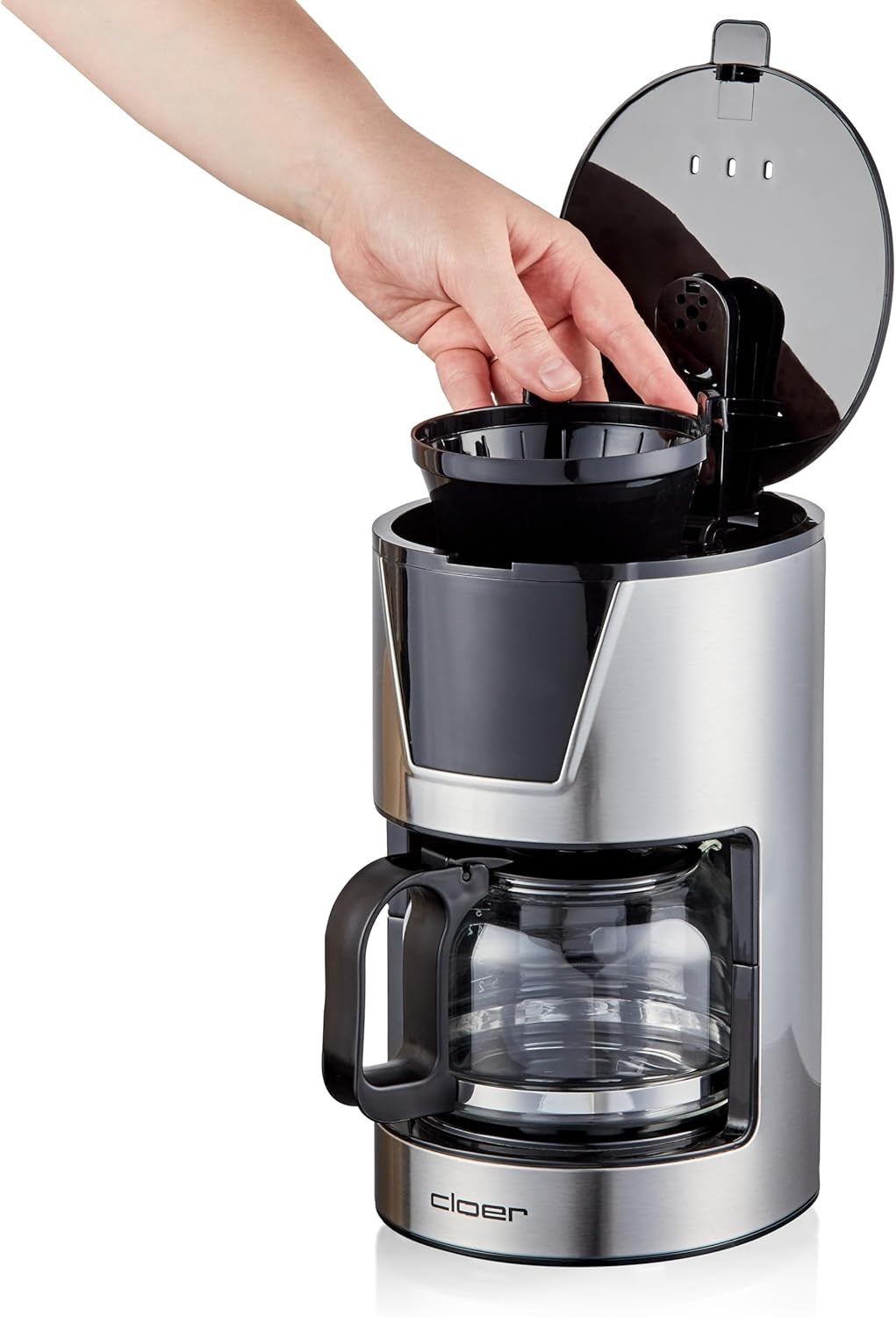 Filtr na espresso na 6 šálků Cloer, funkce jemného udržování teploty, skleněná karafa, odměrka, ukazatel hladiny vody, systém proti odkapávání, automatické vypínání, velikost filtru 1x2, 550 W, nerezová ocel