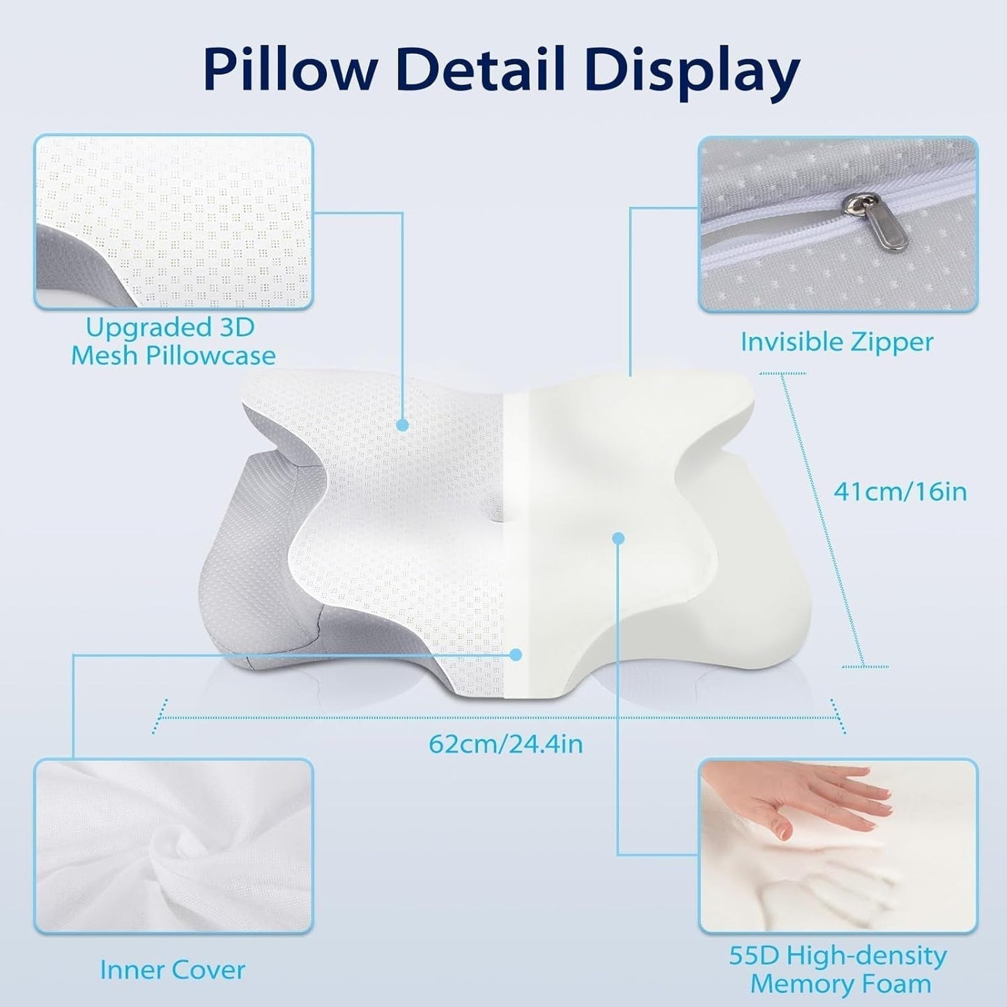 Polštář na krk HOMCA, Ergonomický polštář z paměťové pěny 3D chladicí povlak na polštář pro polohu na zádech, na boku nebo na břiše, 62 X 41 X 9,5/12,5 cm Krční ortopedické polštáře Naty Shop