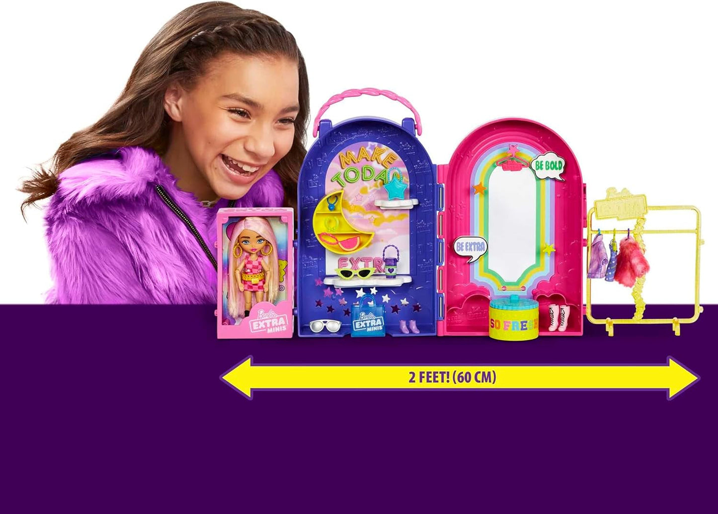 Barbie Extra mini, extra mini panenka a butiková herní sada, skříň se skříňkami, police, zrcadla, platforma 360, extra mini panenka s doplňky v růžových vlasech, HHN15