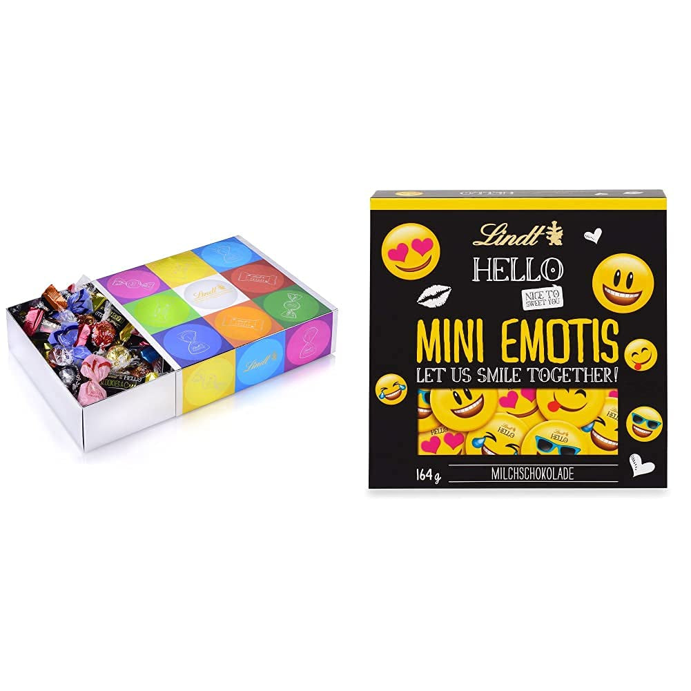Čokoládový sortiment (37 kuliček LINDOR, 24 Hello Mini tyčinek, 10 Mini Fioretto), čokoládový dárek (1 x 815 g) a HELLO Mini Emoti, mléčná čokoláda v 5 designech emotikonů, 164 g