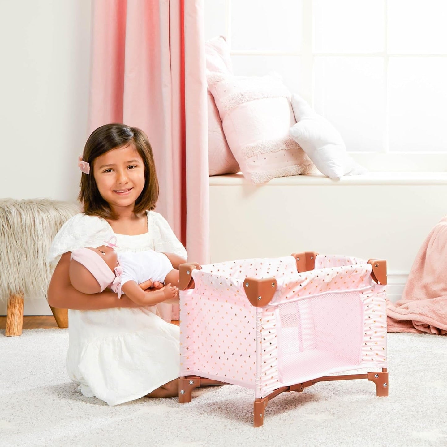 LullaBaby - Baby Puppen Laufstall - Faltbarer Puppen Laufstall in Rosa - Goldener Stern - Druckdesign - 36 cm Baby Puppen Kinderzimmer Zubehör - Vorgetäuschtes Spiel - Spielzeug für Kinder ab 2 Jahren