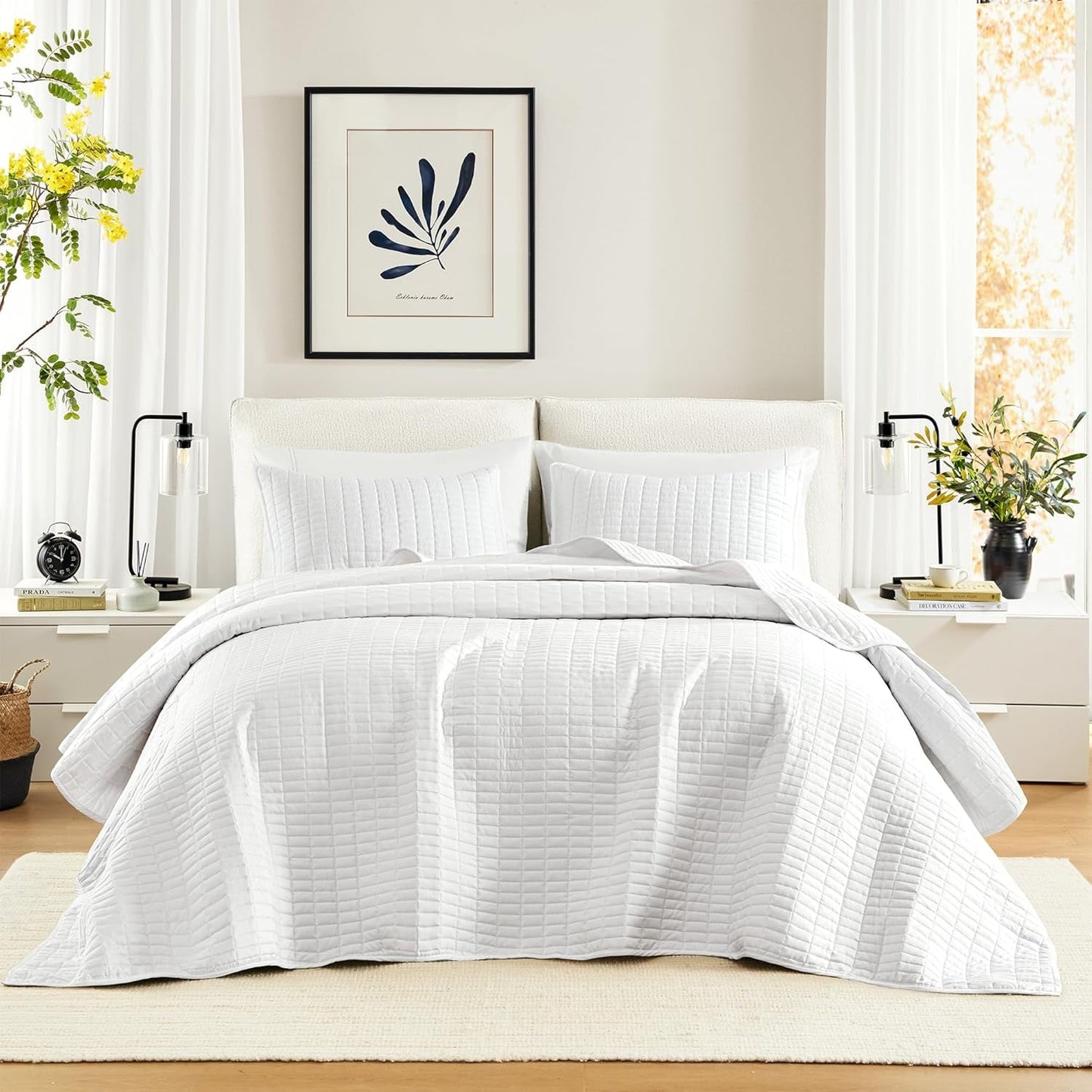 Sada přikrývek Comfort Spaces Kienna, luxusní dvojité prošívání, letní přikrývka, lehká, měkká, celoroční povlečení, odpovídající povlak na polštář, bílá, přikrývka na manželské postele (264,2 x 228,6 cm), přikrývky a přikrývky Naty Shop bílá nadměrná velikost král (120"X118")