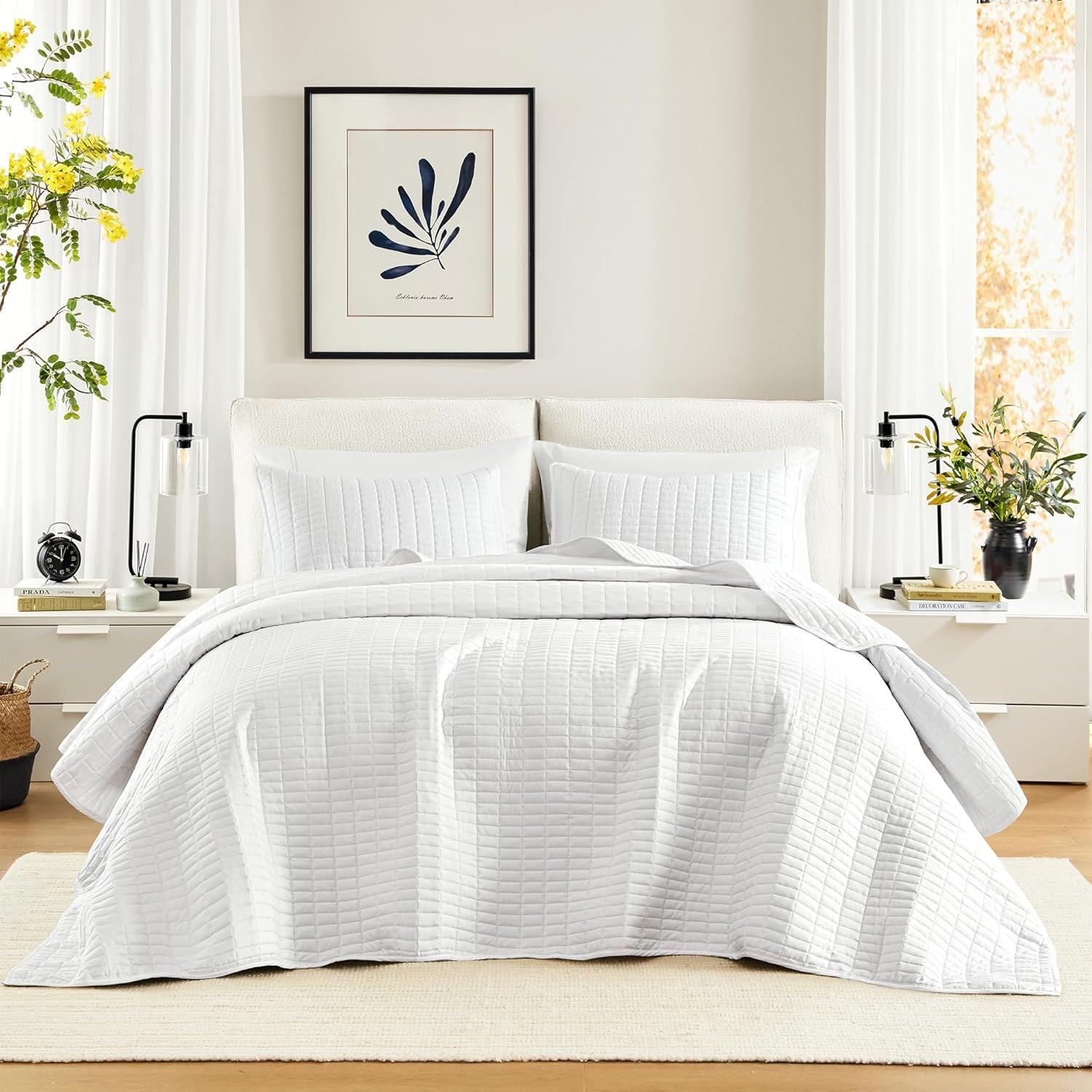Sada přikrývek Comfort Spaces Kienna, luxusní dvojité prošívání, letní přikrývka, lehká, měkká, celoroční povlečení, odpovídající povlak na polštář, bílá, přikrývka na manželské postele (264,2 x 228,6 cm), přikrývky a přikrývky Naty Shop bílá nadměrná velikost král (120"X118")