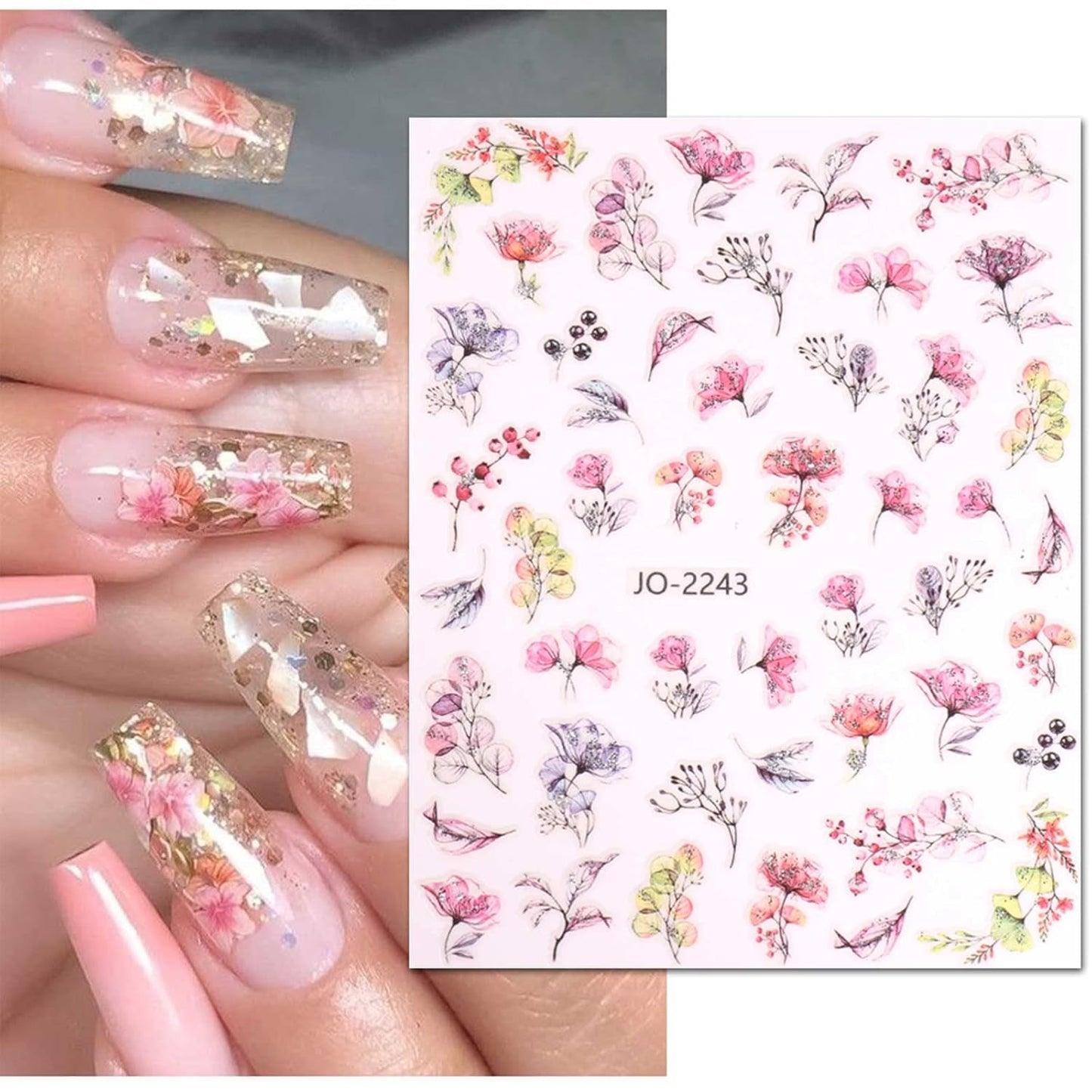 JMEOWIO Nálepka na nehty Frühling Blume 12 Blatt Nálepka na nehty Selbtklebend Nagelaufkleber Blätter Dekoration Nageldesign Zubehör