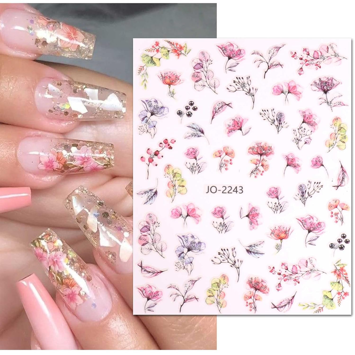 JMEOWIO Nálepka na nehty Frühling Blume 12 Blatt Nálepka na nehty Selbtklebend Nagelaufkleber Blätter Dekoration Nageldesign Zubehör