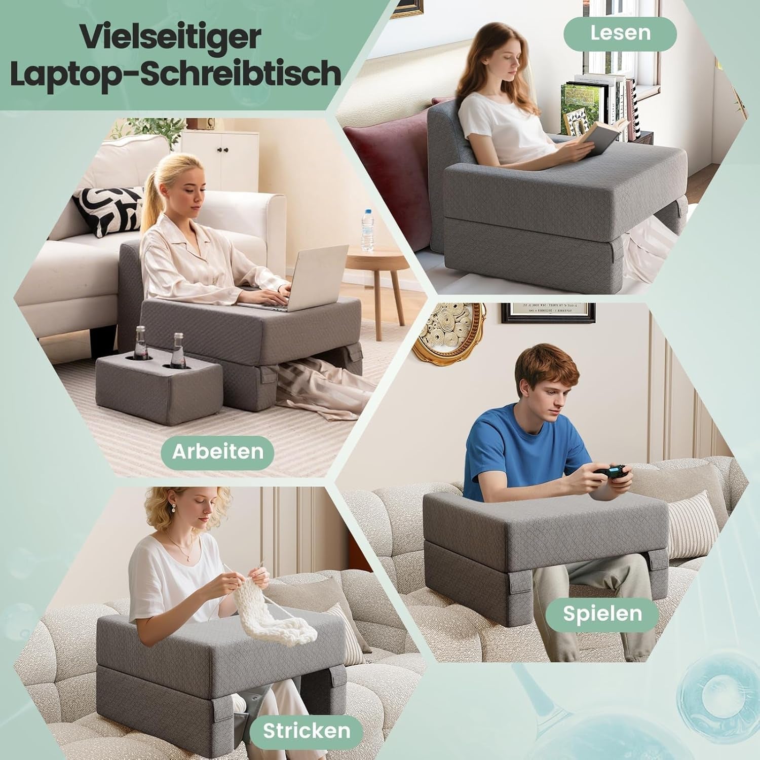 Polštář na čtení na postel a pohovku, polštář na knihu, volně kombinovatelný s držákem nápojů a pratelným potahem, nastavitelný polštář na notebook pro čtení, hraní her, práci, psaní (šedý)