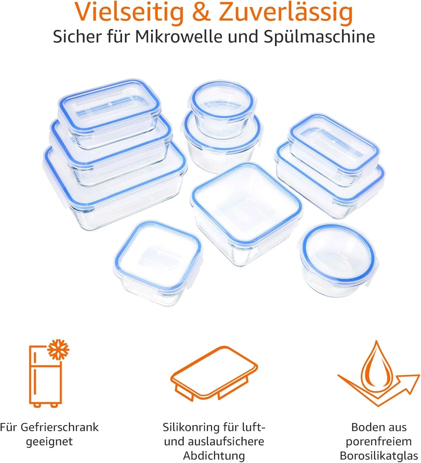 Amazon Basics Skleněné dózy na potraviny s víkem Balení 20 (10 dóz + 10 víček) BPA Free Clear Blue Box na skladování potravin Naty Shop