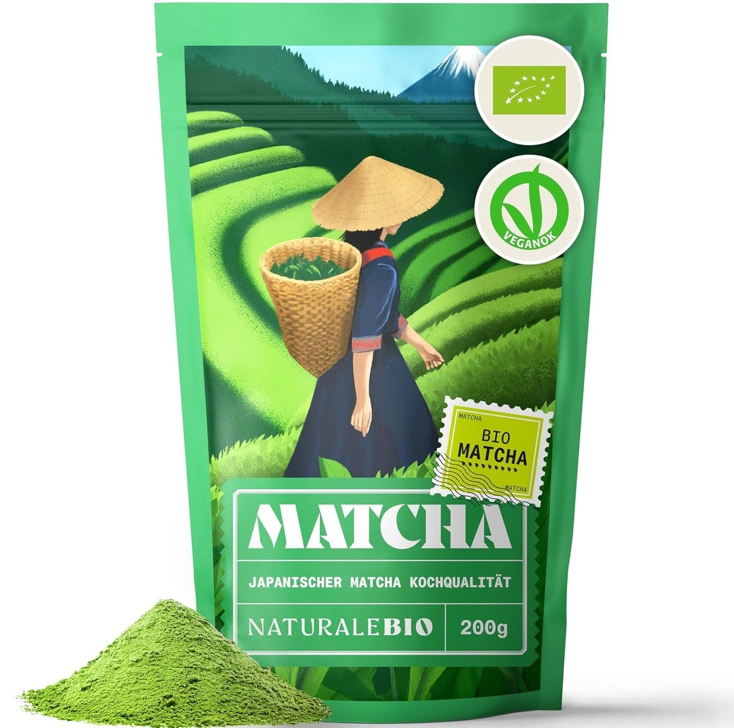 Naturalebio BIO Zelený čaj prášek 100g. Na vaření a pečení. Originální japonská matcha. Zelený čaj z Japonska, veganský, bezlepkový a bez GMO. Přírodní organický produkt.