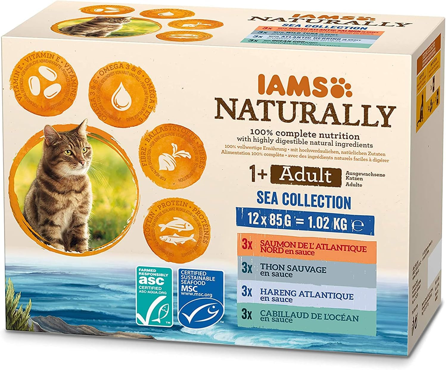 IAMS Přírodní mokré krmivo pro kočky v omáčce – vysoce kvalitní mokré krmivo s rybami pro dospělé kočky, Sea Collection, 12 x 85 g
