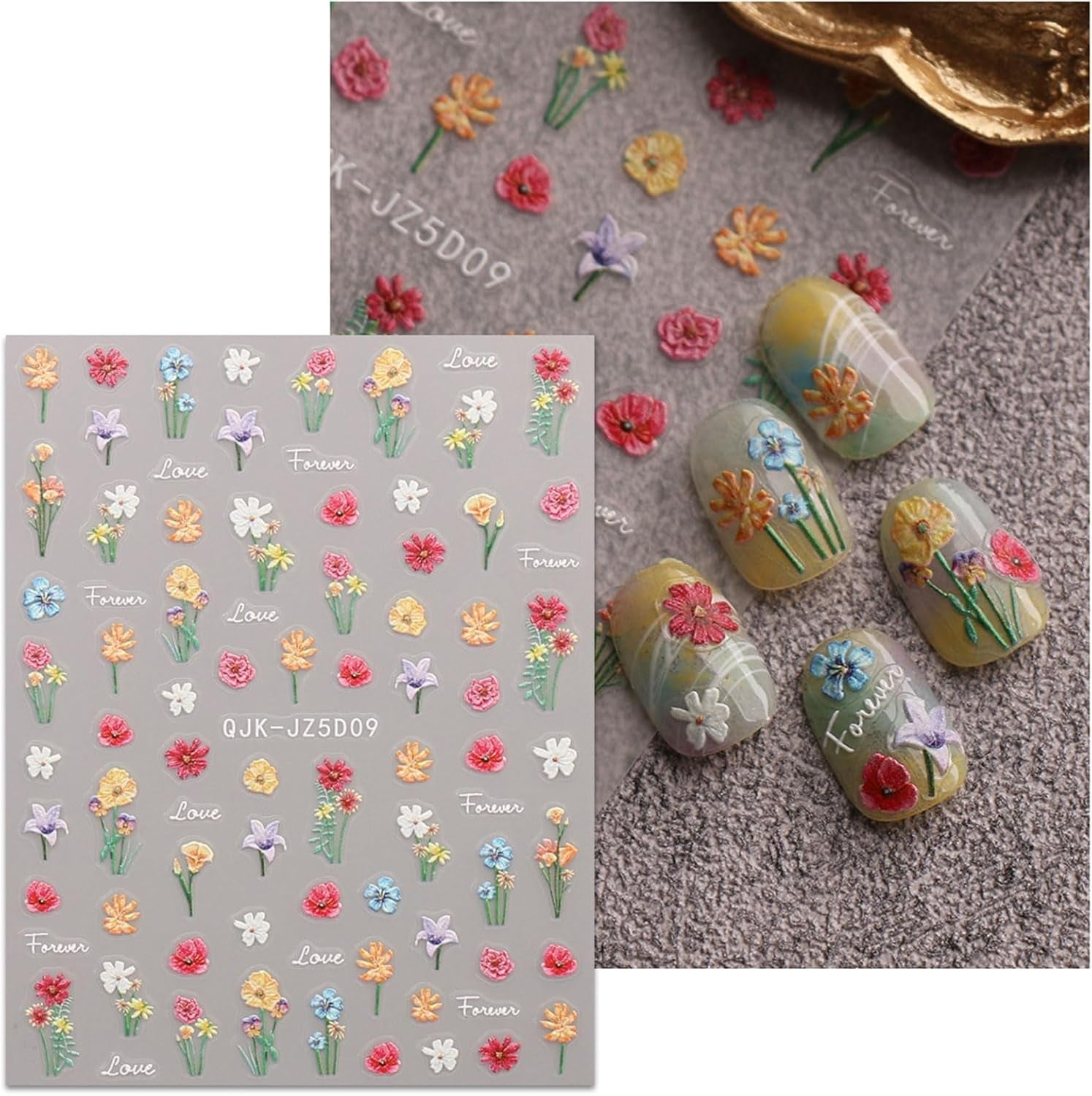 JMEOWIO 3D Nálepka na nehty Blumen Nálepka na nehty Selbstklebend Nagelaufkleber 5D Stereoskopické jarní letní Dekorace Blumen Nageldesign Zubehör 4 Blatt
