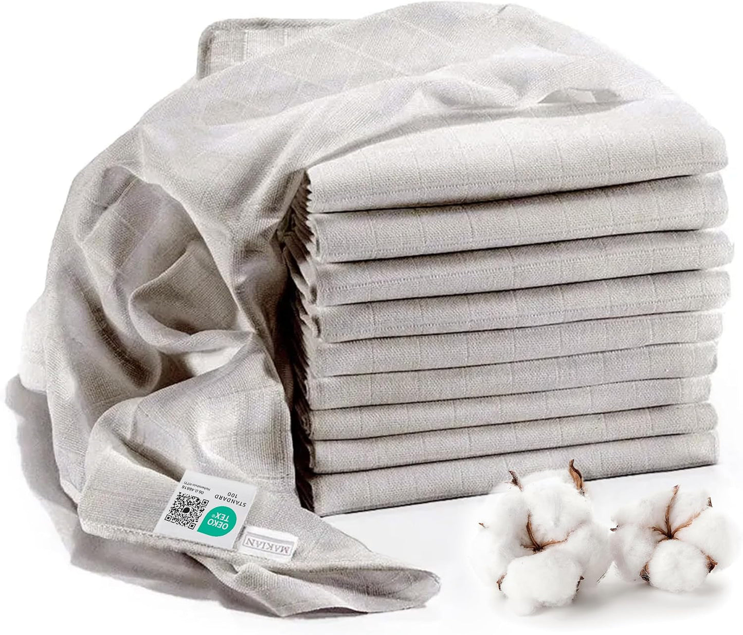 MAKIAN Mušelínové čtverce, Balení po 10 ks, 80x80 cm, Oeko-TEX® Standard 100 Certified, 10 Premium utěrky na odříhnutí – Dvojité tkané látkové čtverce / Mušelínové čtverce, odolné proti varu – bílé