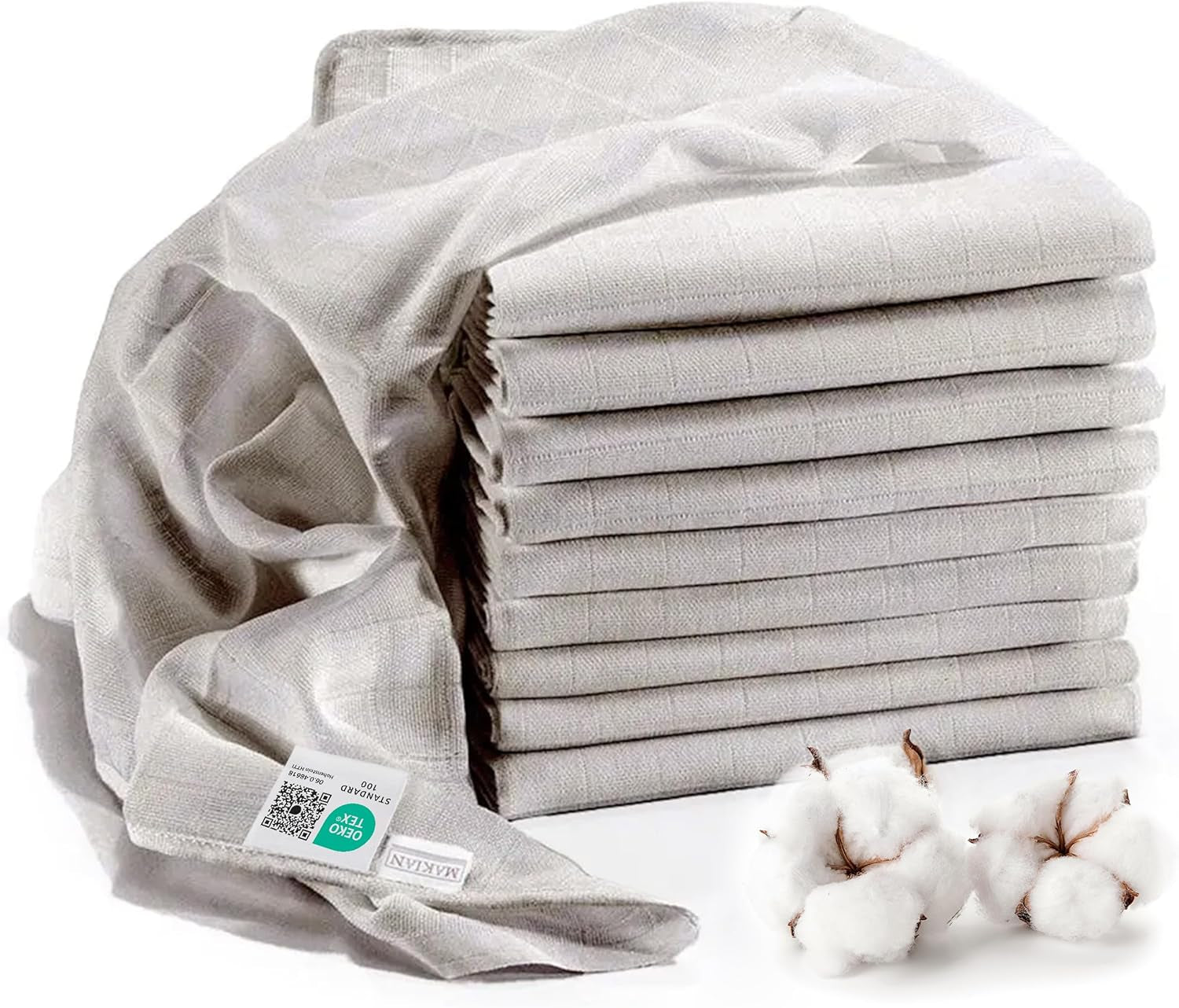 MAKIAN Mušelínové čtverce, Balení po 10 ks, 80x80 cm, Oeko-TEX® Standard 100 Certified, 10 Premium utěrky na odříhnutí – Dvojité tkané látkové čtverce / Mušelínové čtverce, odolné proti varu – bílé