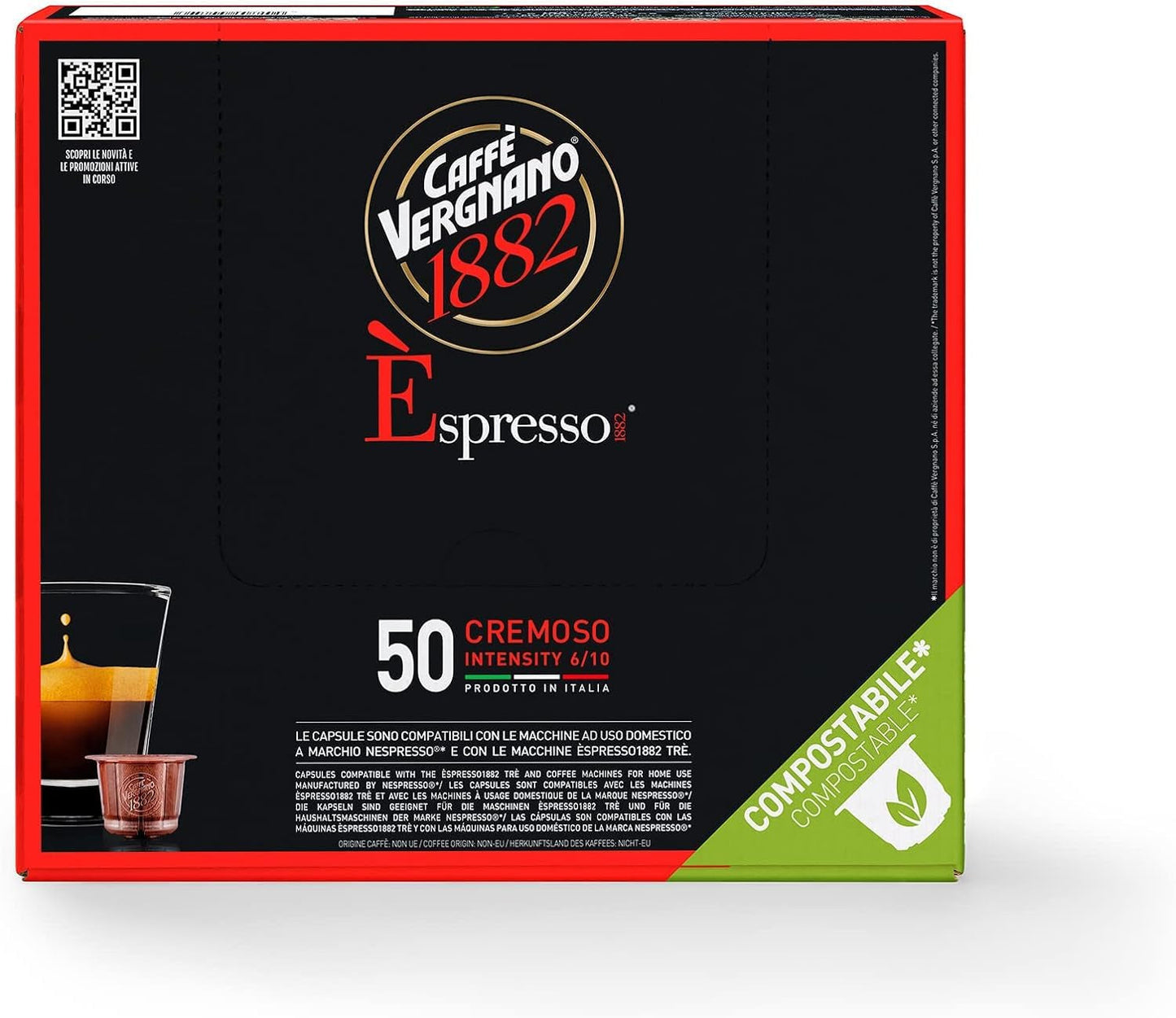 Caffè Vergnano 1882 - Èspresso Kompostierbare Kaffeekapseln, kompatibilní s Nespresso, Cremoso (krémová) - Packung Enthält 50 Kapseln