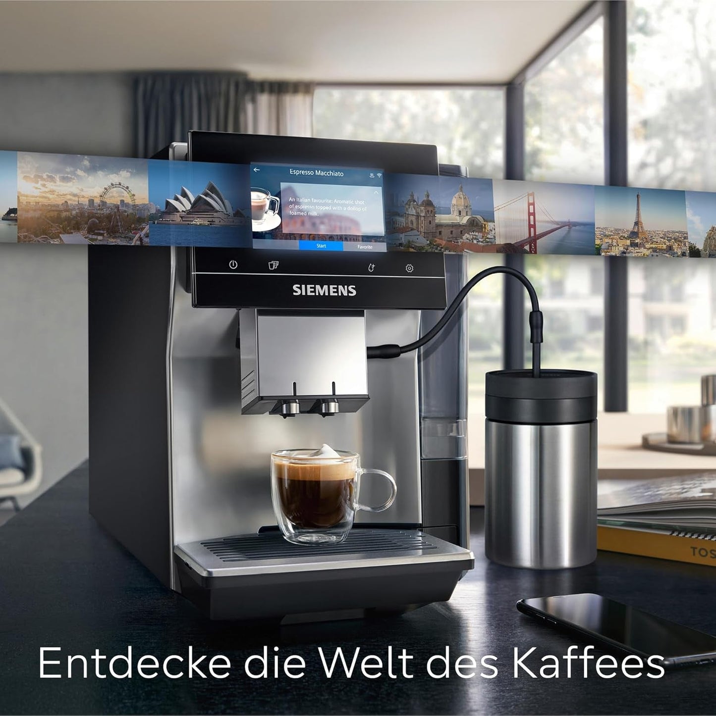 Automatický espresso kávovar Siemens EQ700 classic TP715D01, ovládání aplikací, cold brew, intuitivní dotykový displej, až 10 jednotlivých kreací kávy jako oblíbené, automatické čištění párou, 1500 W, stříbrná šedá