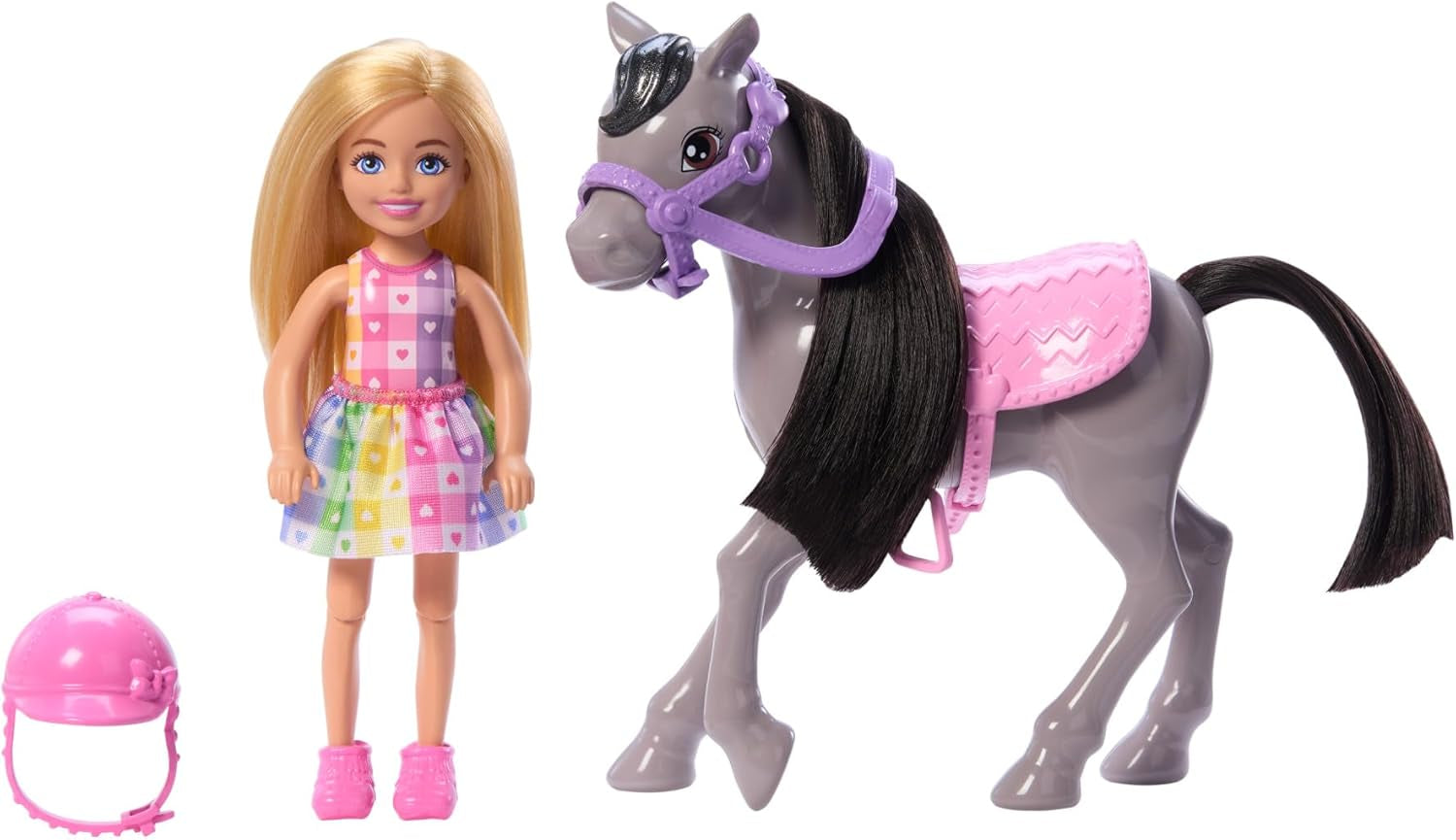Panenka Barbie Chelsea a poník a poníci - Jezděte během hry, abyste mohli bezpečně sedět na koni, růžové sedlo a hůlky, obsahuje helmu a roztomilé kostkované šaty, věk 3 a více, panenky Naty Shop HTK29