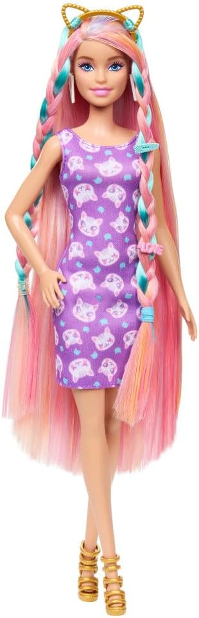 Barbie Totally Hair – panenka se snadno upravitelnými extra dlouhými duhovými vlasy a 10 módními a stylingovými doplňky, puntíkované šaty s barevnými bloky, pro děti od 3 let, HKT96