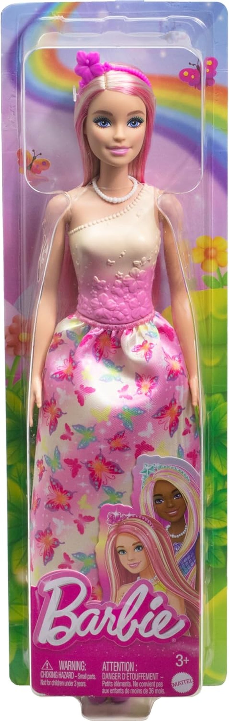 Královská panenka Barbie s blond a růžovými efektními vlasy, barevné doplňky, růžový gradientní top a motýlí sukně, HRR08 Naty Shop Dolls
