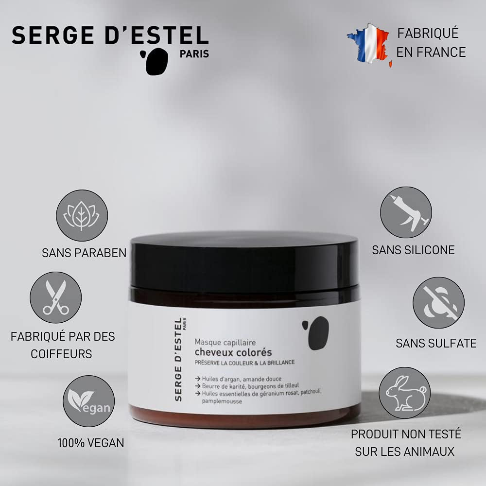 SERGE D'ESTEL PARIS Maska na vlasy 250 g Vyživuje, opravuje a zjemňuje vlasy poškozené barvou Veganské složení, 250 g Maska na vlasy Naty Shop