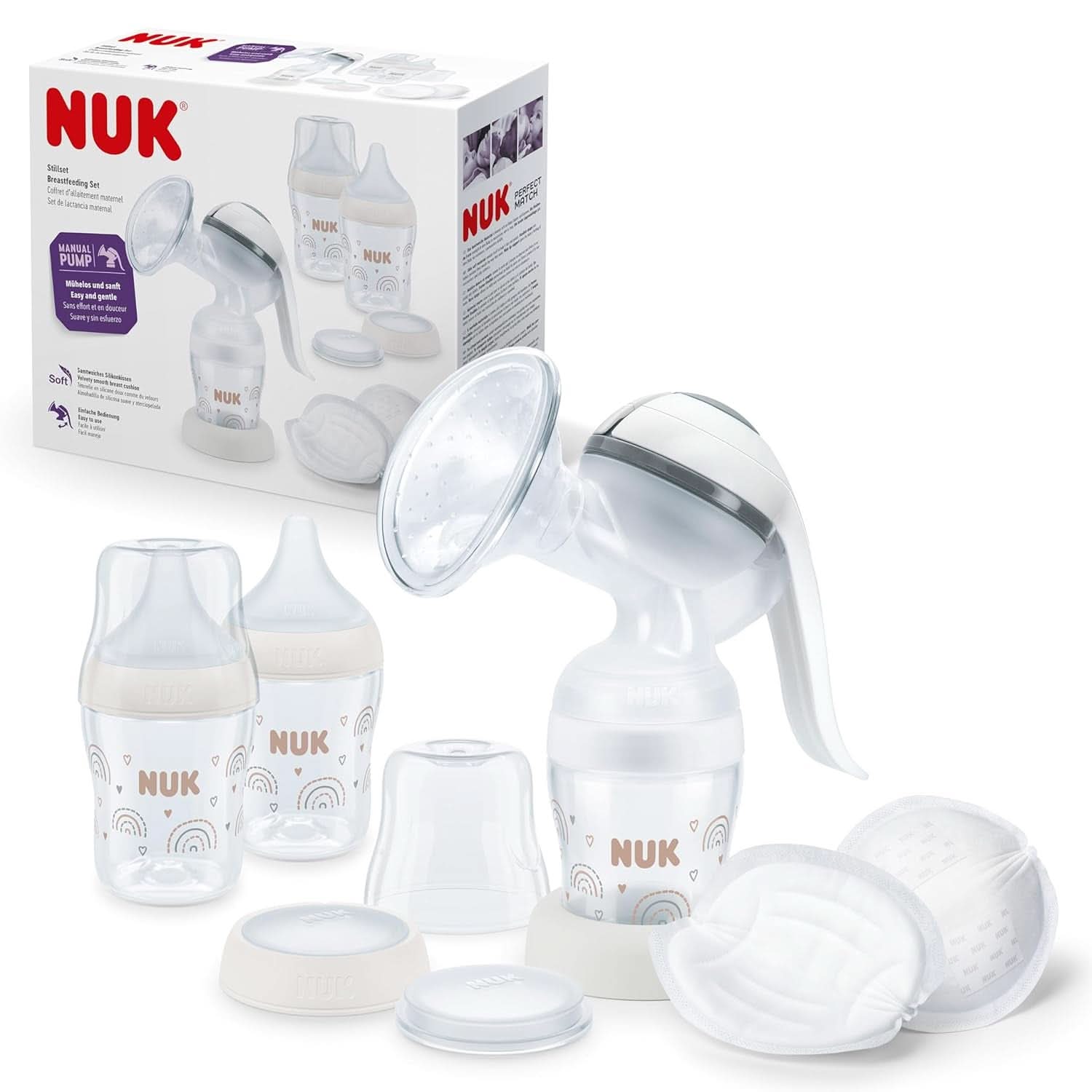 Sada ruční odsávačky mateřského mléka NUK, měkký silikonový polštář, 2 perfektně kombinované lahvičky, 150 ml Příslušenství Potraviny a kojení Bebe Naty Shop Handmilchpumpe Set