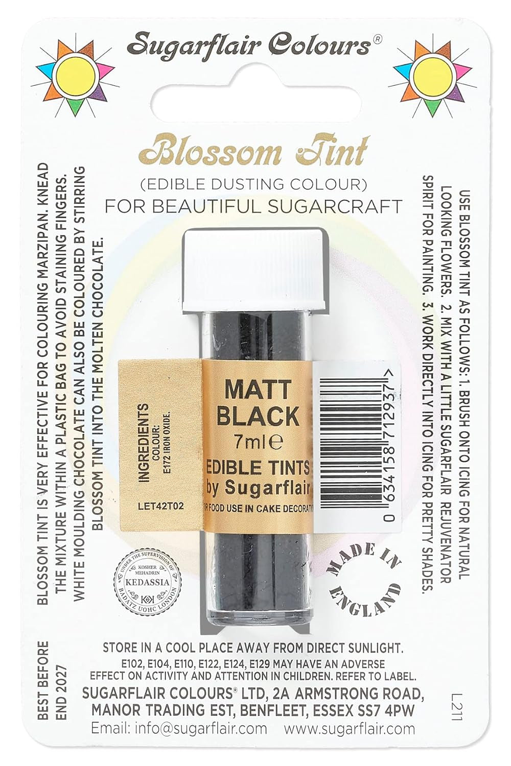 Potravinářské barvivo v prášku Sugarflair Blossom Tint Dusting, matná černá - Potravinářské barvivo v prášku na zdobení barevné cukrové pasty, fondánu, polevy, čokolády, máslového krému, makronek - 7 ml