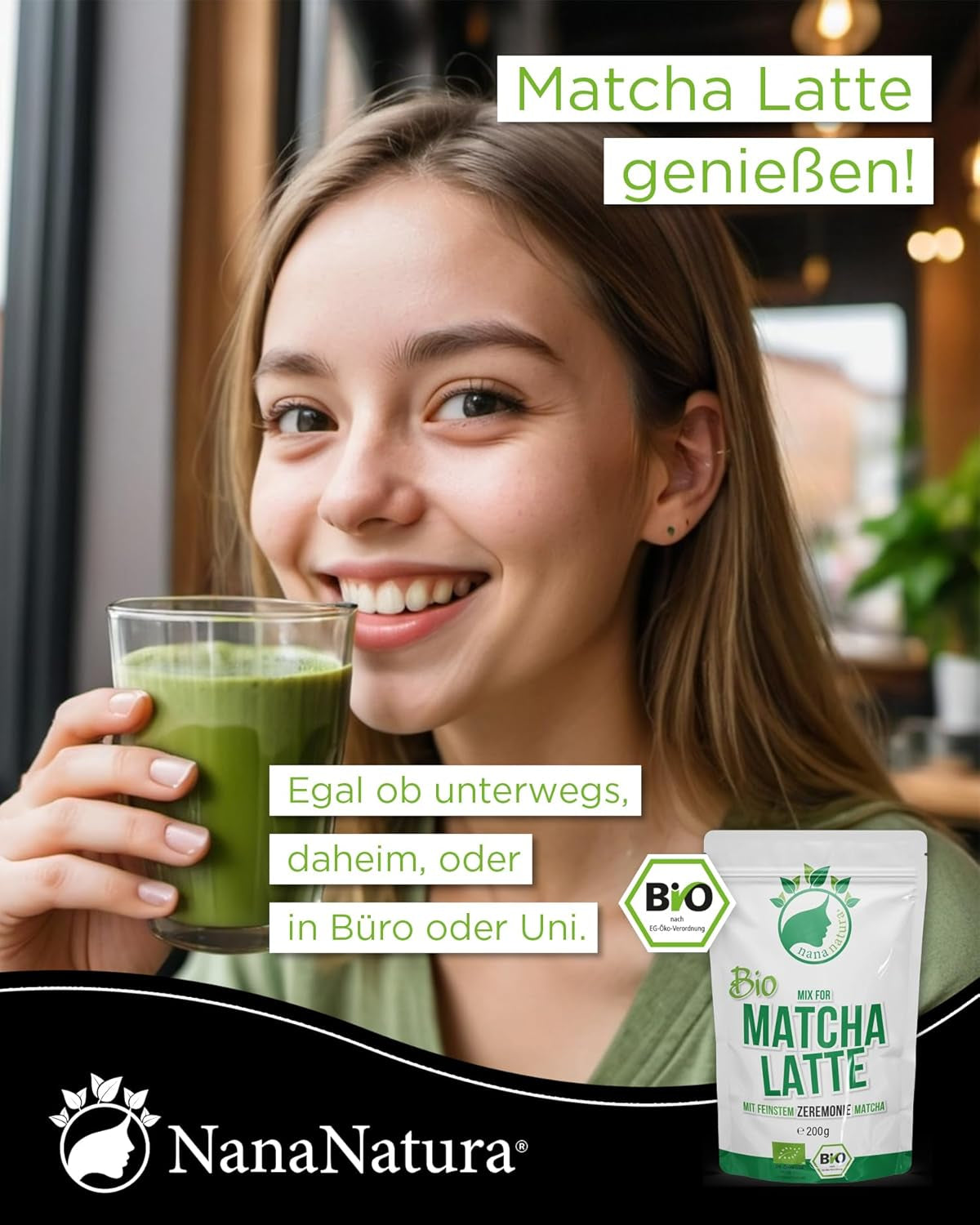 Nananatura'S Bio Matcha Latte Mix s 22% Ceremoniálním práškem ze zeleného čaje z Japonska | Pro jednoduchý a lahodný požitek z čaje | Vhodné také na zmrzlinu a pečivo