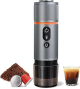 CONQUECO 12V espresso do auta: Přenosný espresso kávovar s baterií pro kempování a cestování – rychlé zahřátí za 2,5 minuty – 8 šálků espressa na jedno nabití