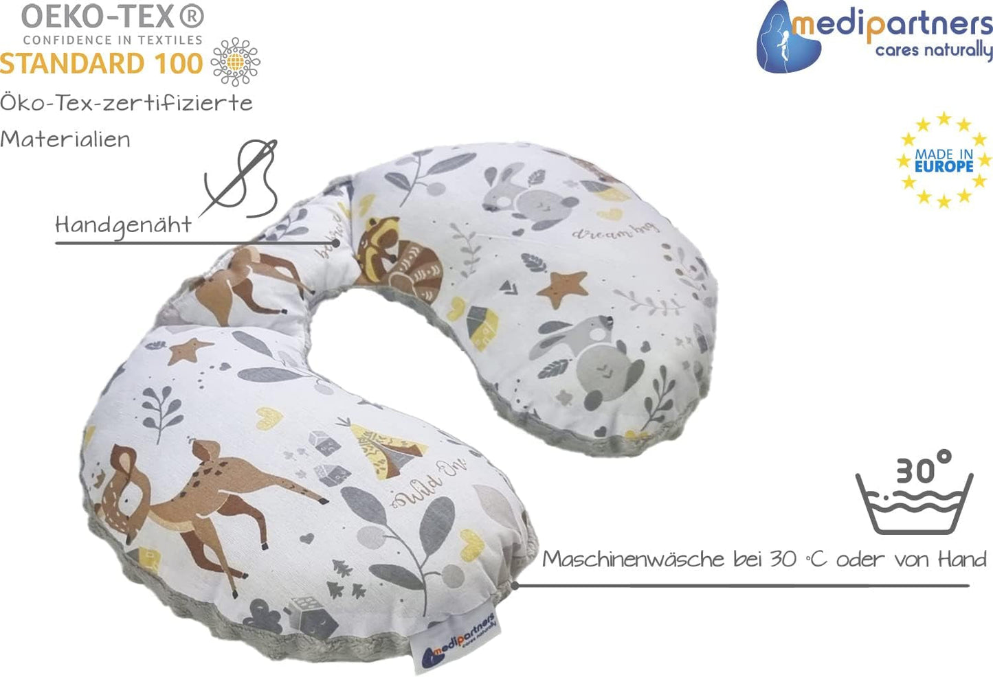 Medi Partners Baby Neck Polštář Neck Support 100% Bavlna / Minky Baby Neck Polštář do autokočárku Cestování Cestování Spánek Polštář Snooze Roll (REH s šedým Minky) Ortopedické polštáře na děložní hrdlo Naty Shop