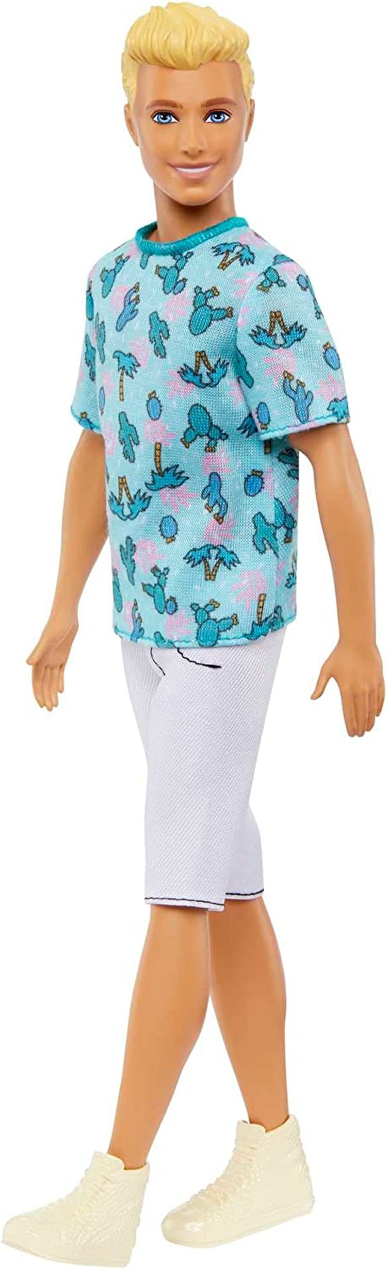 Panenka Barbie Ken Fashionistas - tričko s kaktusovým a palmovým potiskem, bílé šortky a tenisky, ideální na dobrodružství s přáteli a procházky po městě, pro děti od 3 let, panenky HJT10 Naty Shop