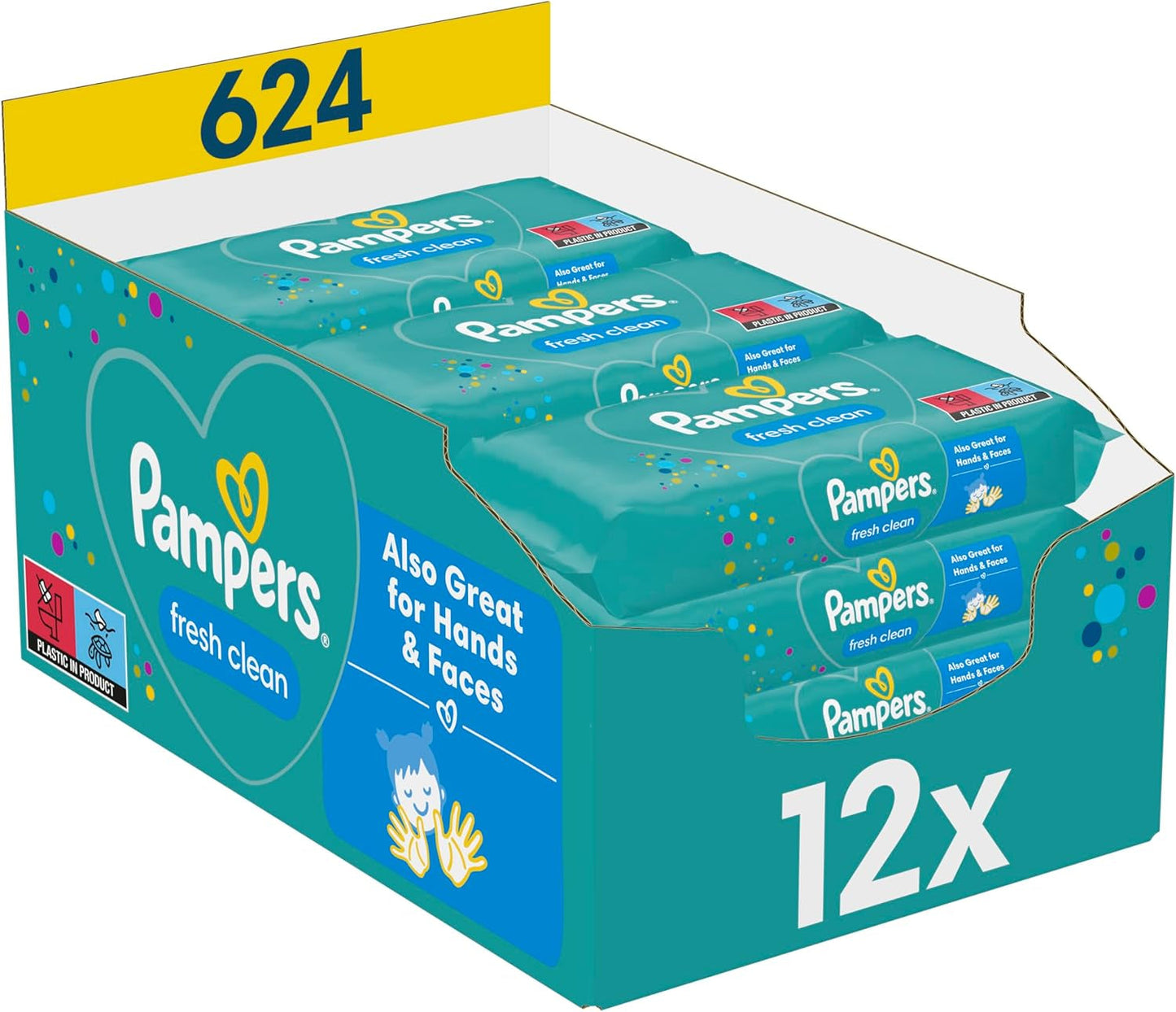 Vlhčené ubrousky Pampers Fresh Clean, 12 balení po 52 ubrouscích, celkem 624 ubrousků, lehká vůně, vhodné i na ruce a obličej