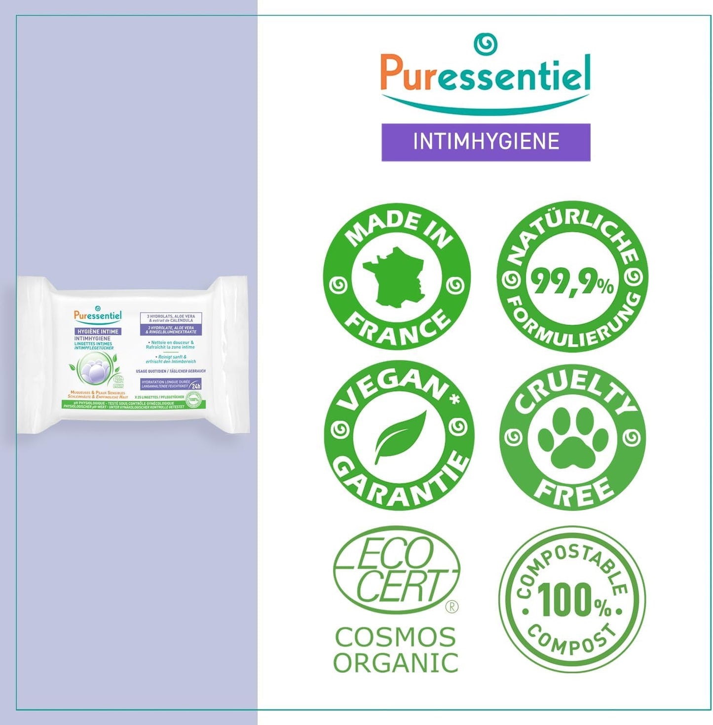 Puressentiel - Intimní hygiena - Intimní ubrousky - Čištění a osvěžení - Citlivé sliznice a pokožka - Dlouhotrvající hydratace 24 hodin - Pro každodenní použití - X25 ks.