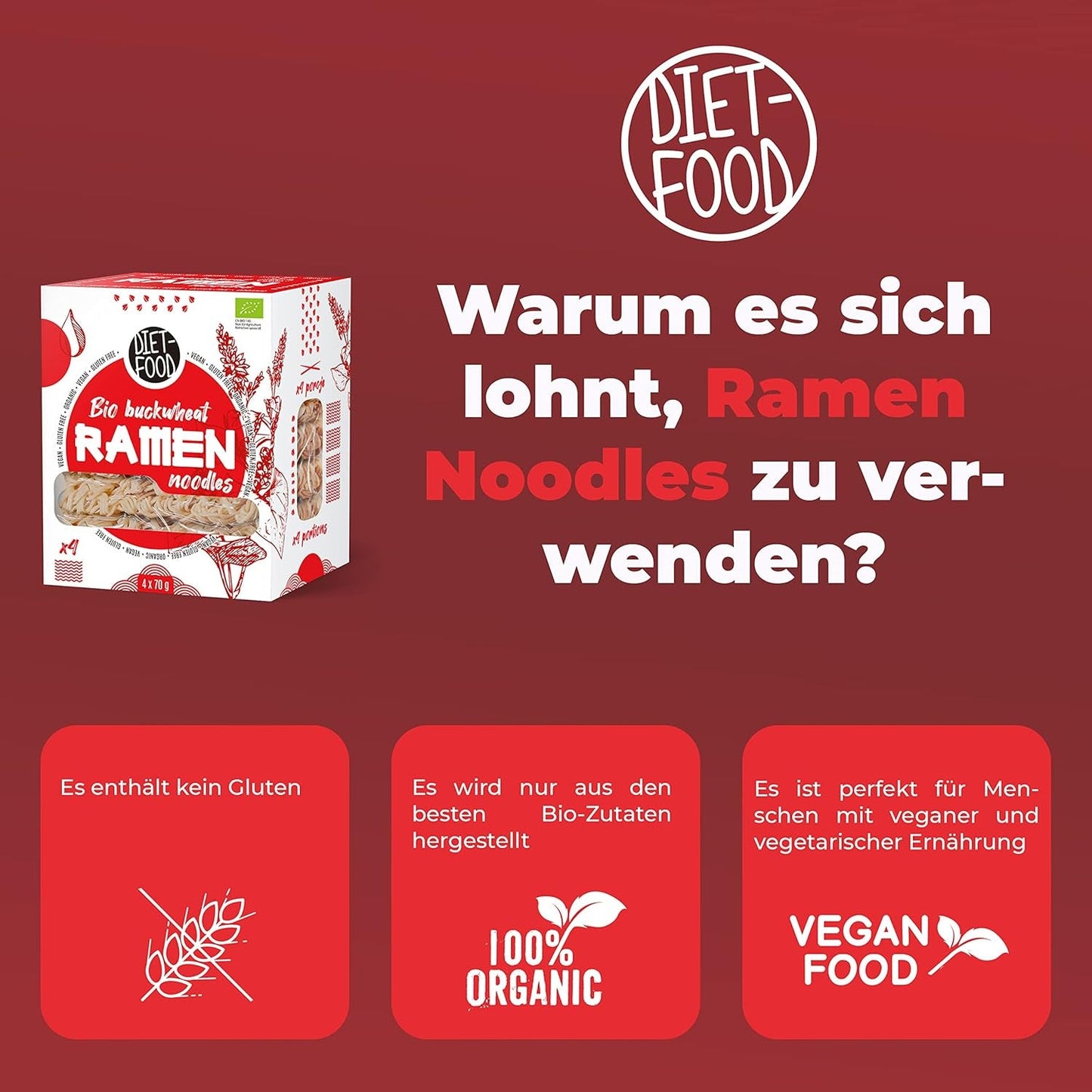 DIETNÍ POTRAVINY Bio pohankové nudle Ramen, vegetariánské a veganské jídlo, bez tuku, bez sóji, bez lepku, dietní nudle rozpustné ve vodě, nízkokalorické, 280 g