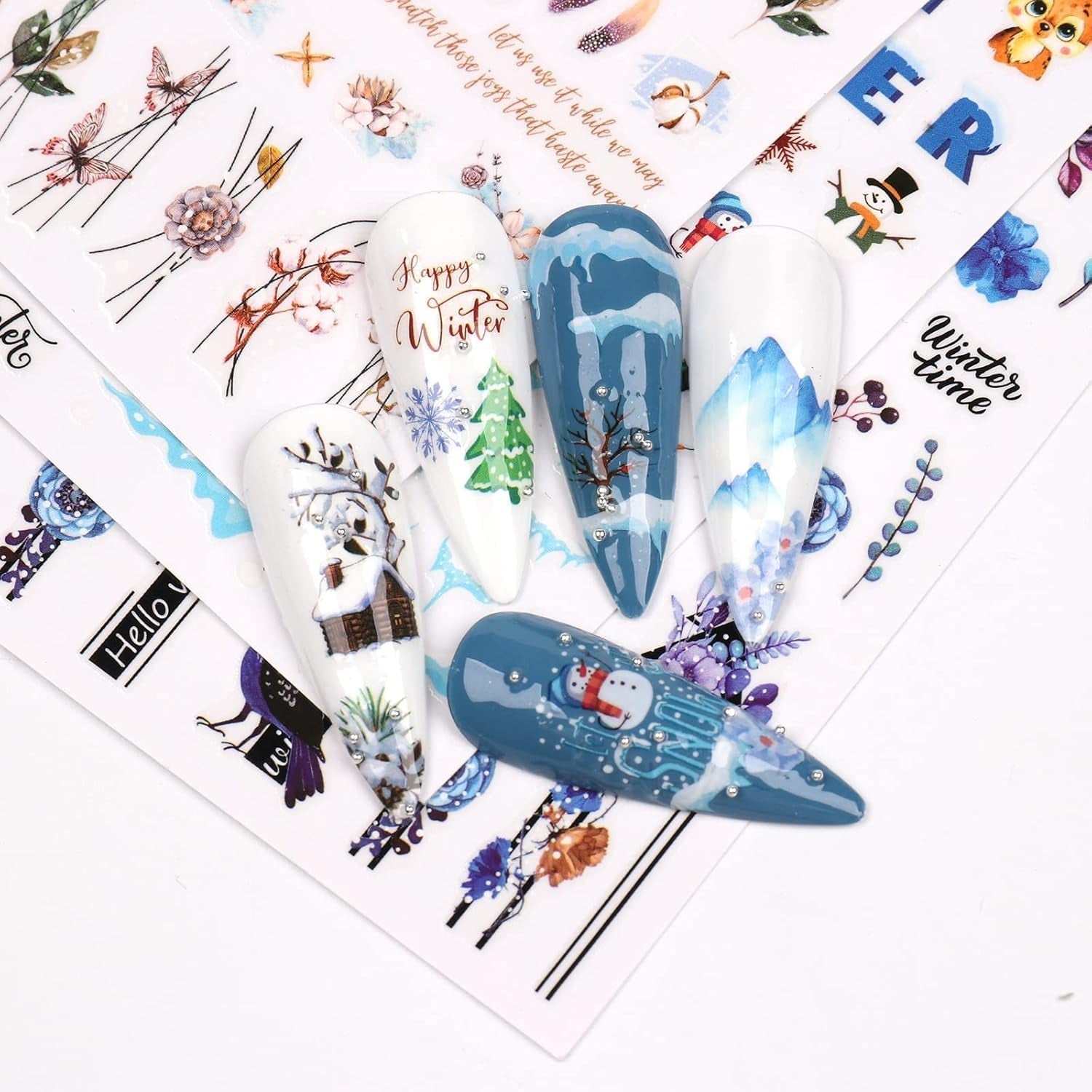 10 Blatt Nagelsticker Weihnachten Nagelaufkleber Selbstklebend Bule White Pine Tree Rentier Samolepka na nehty Dekoration Nageldesign Zubehör