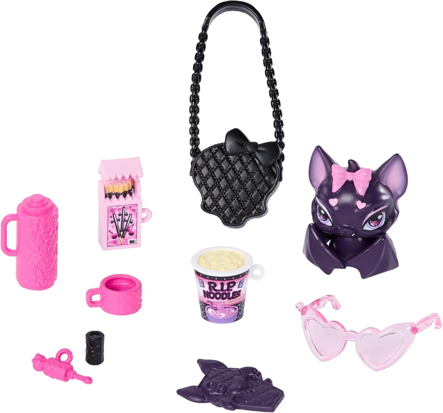 Panenka Monster High Draculaura v růžových šatech s mašlemi a černým svetrem s Count Fabulous Bat a 7 doplňky včetně ramen, rtěnky a tašky, JHK29