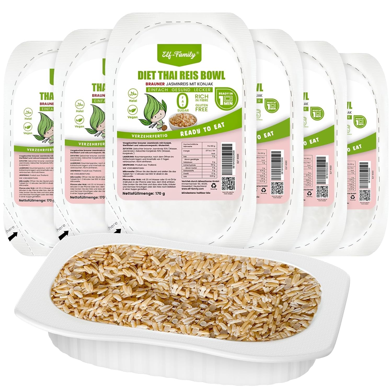 Elf-Family Konjak Reis Thai Brauner Shirataki Bowl -[Diätbox für 1 Wo.] - Instantní Jasmin Reis - Fertiggerichte für Mikrowelle - Natürlich Superfoods Mikronährstoffe - Vegan/Low Carb/Fettfrei- 6er Box