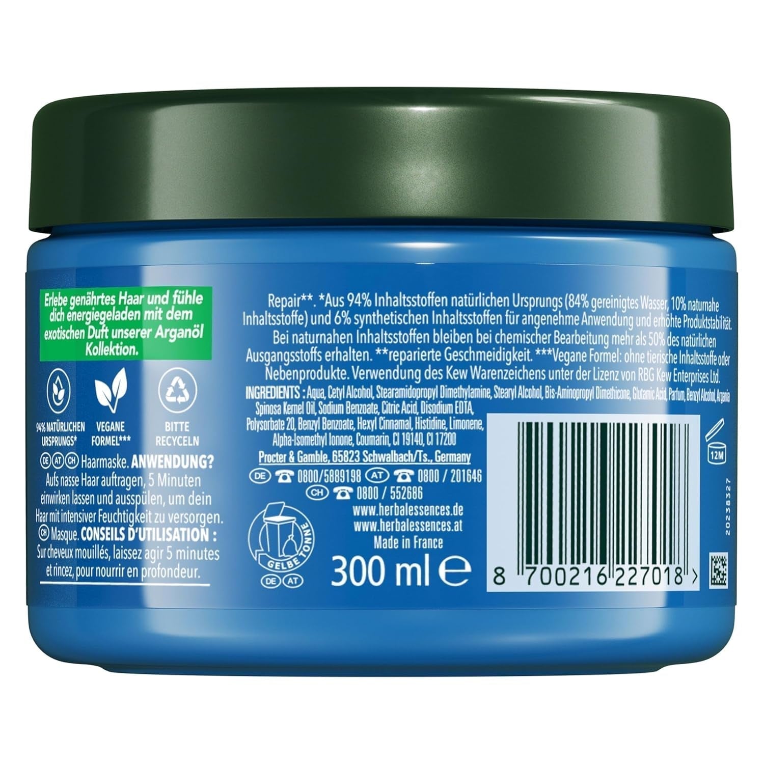 Herbal Essences Regenerační maska na vlasy s arganovým olejem 300 ml. Od poškozených vlasů po hladší a lesklejší vlasy. Intenzivní péče. S přísadami přírodního původu. Veganská maska na vlasy Naty Shop