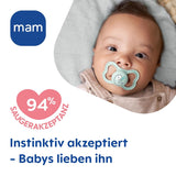 Silikonové dudlíky MAM Air 2 balení Extra lehký a vzdušný design Dětský dudlík šetrný k zubům Vyrobeno ze speciálního silikonu MAM SkinSoft s krabičkou na dudlík 6-16 měsíců Medvěd/nosorožec